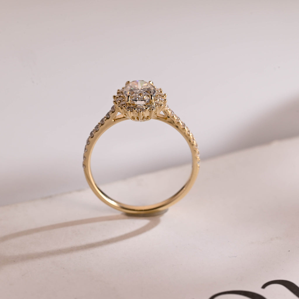 Solid Gold Floral Halo Oval Moissanite Engagement Ring, Half Eternity Proposal Ring