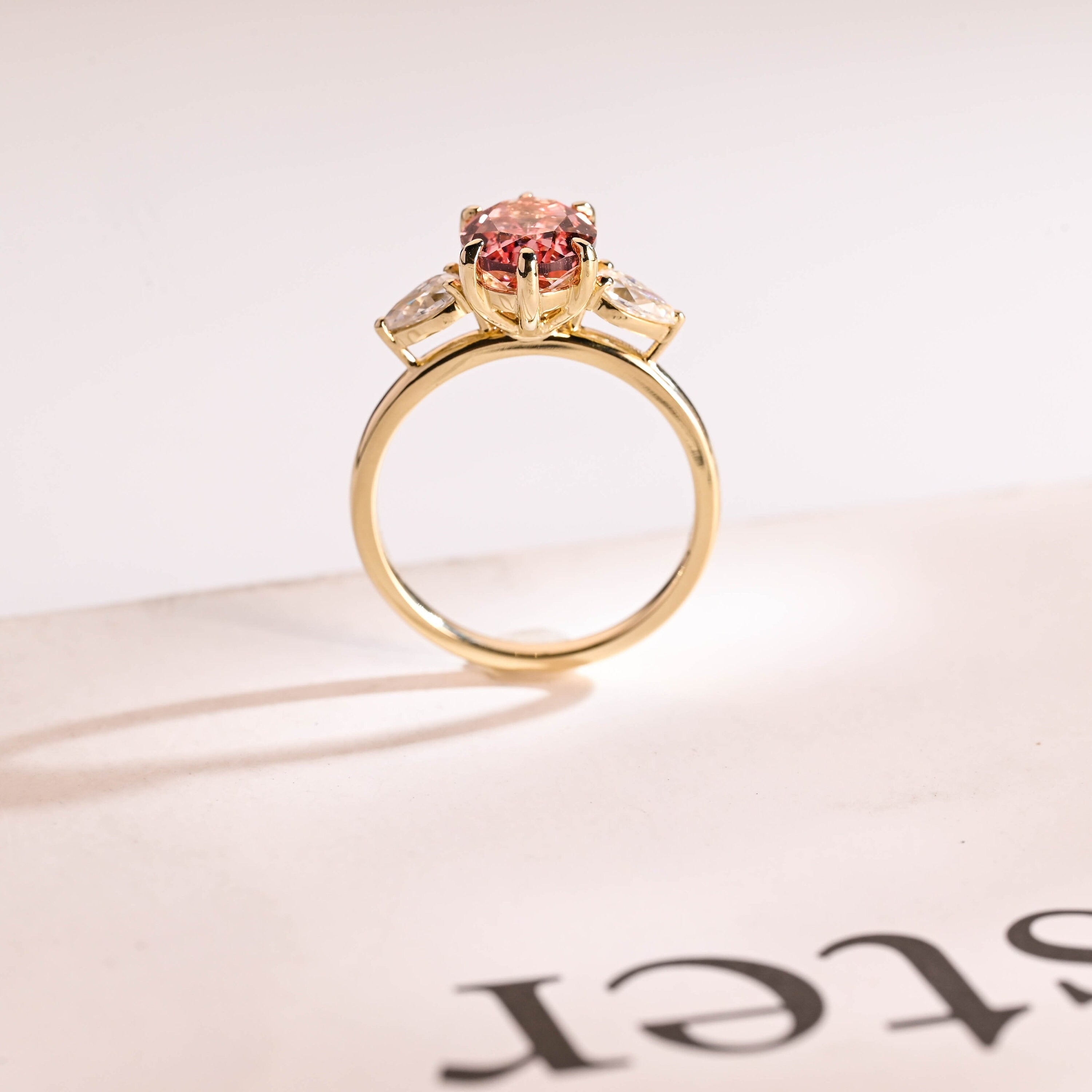 Solid Gold Oval Cut Moissanite Pink Sapphire Engagement Ring with Pear Moissanite