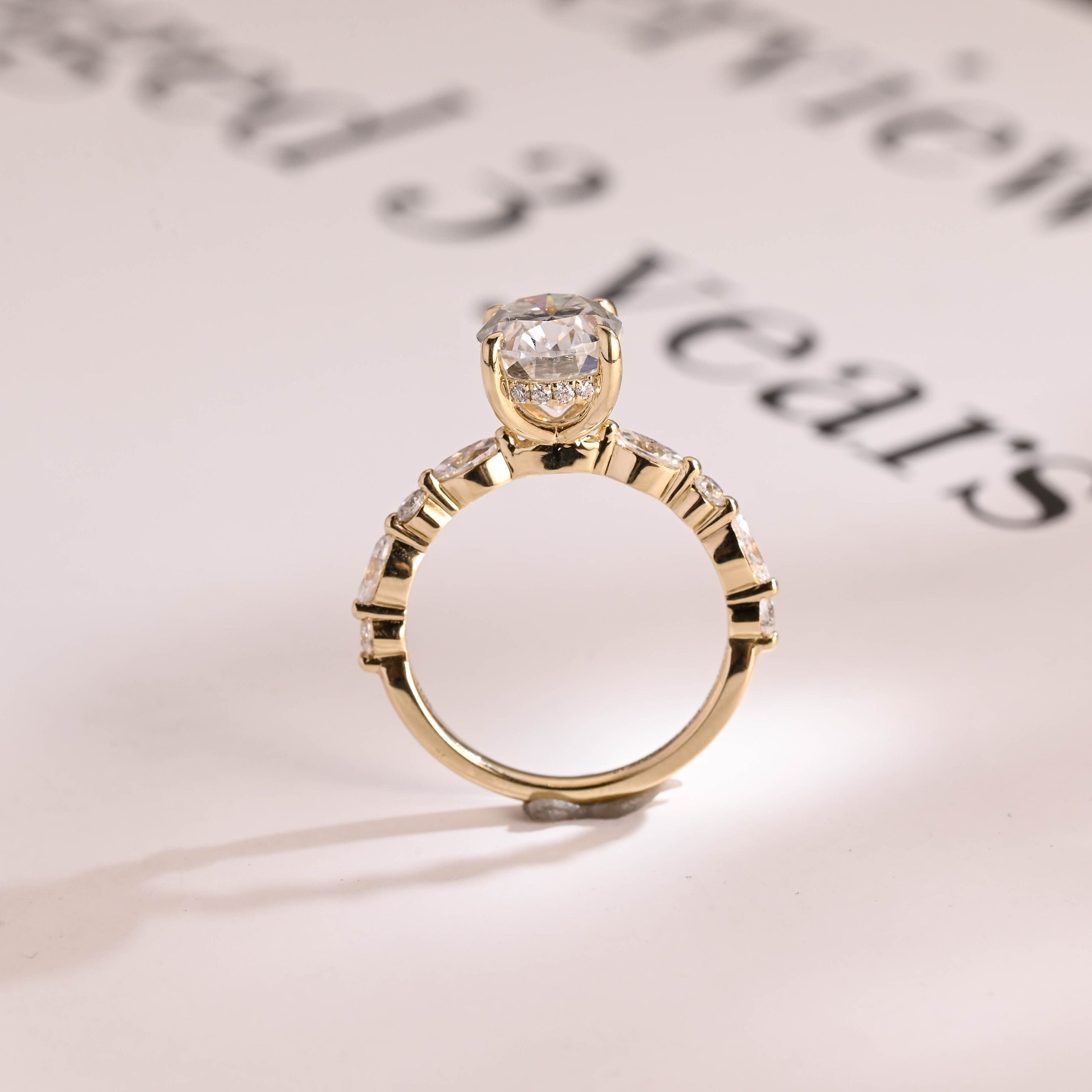 Solid Gold Oval Moissanite Engagement Ring, Hidden Halo Proposal Ring