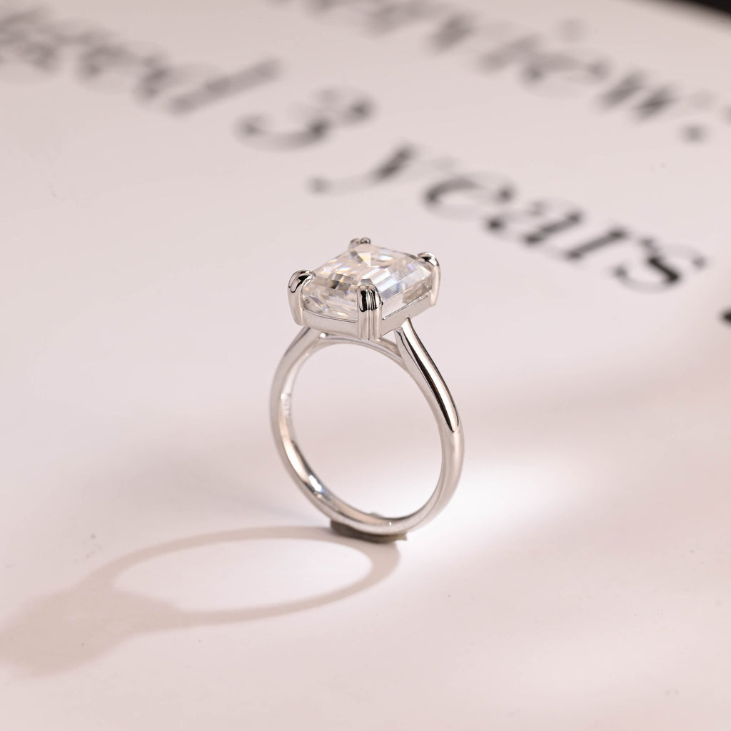 Solid Gold Double Claws Emerald Cut Moissanite Engagement Ring, Anniversary Gift