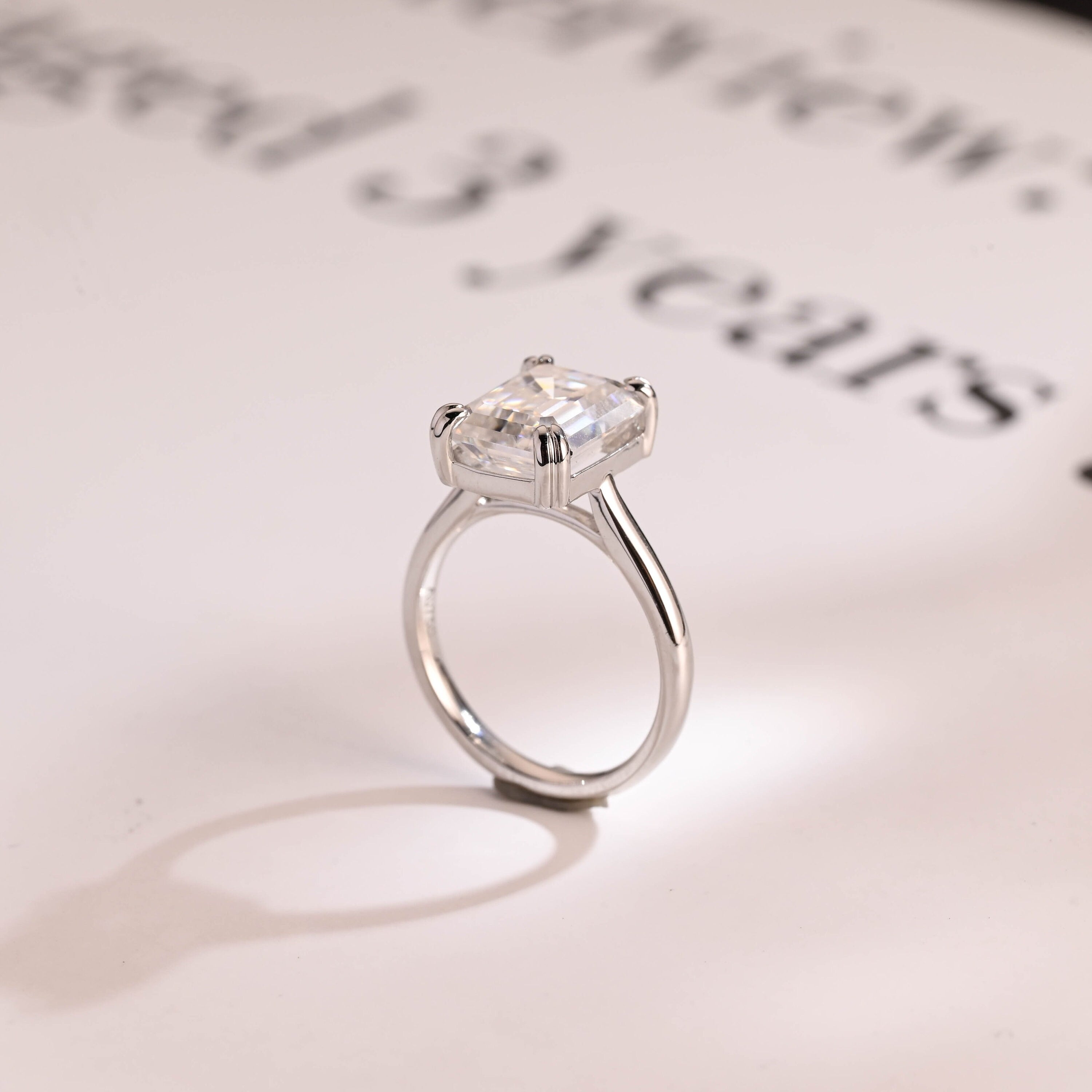 Solid Gold Double Claws Emerald Cut Moissanite Engagement Ring, Anniversary Gift
