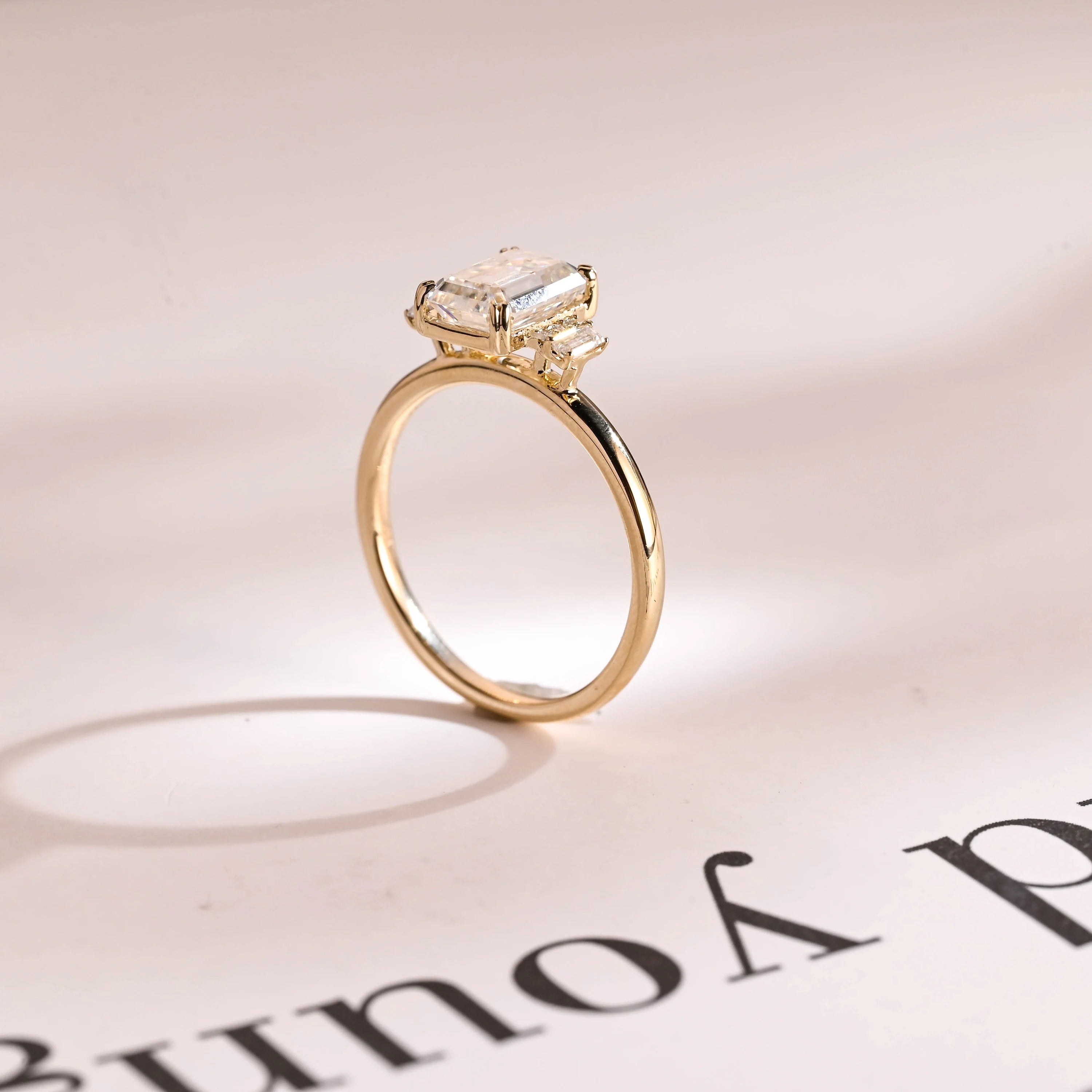 Solid Gold Emerald Cut Moissanite Engagement Ring, Dainty Cluster Promise Ring
