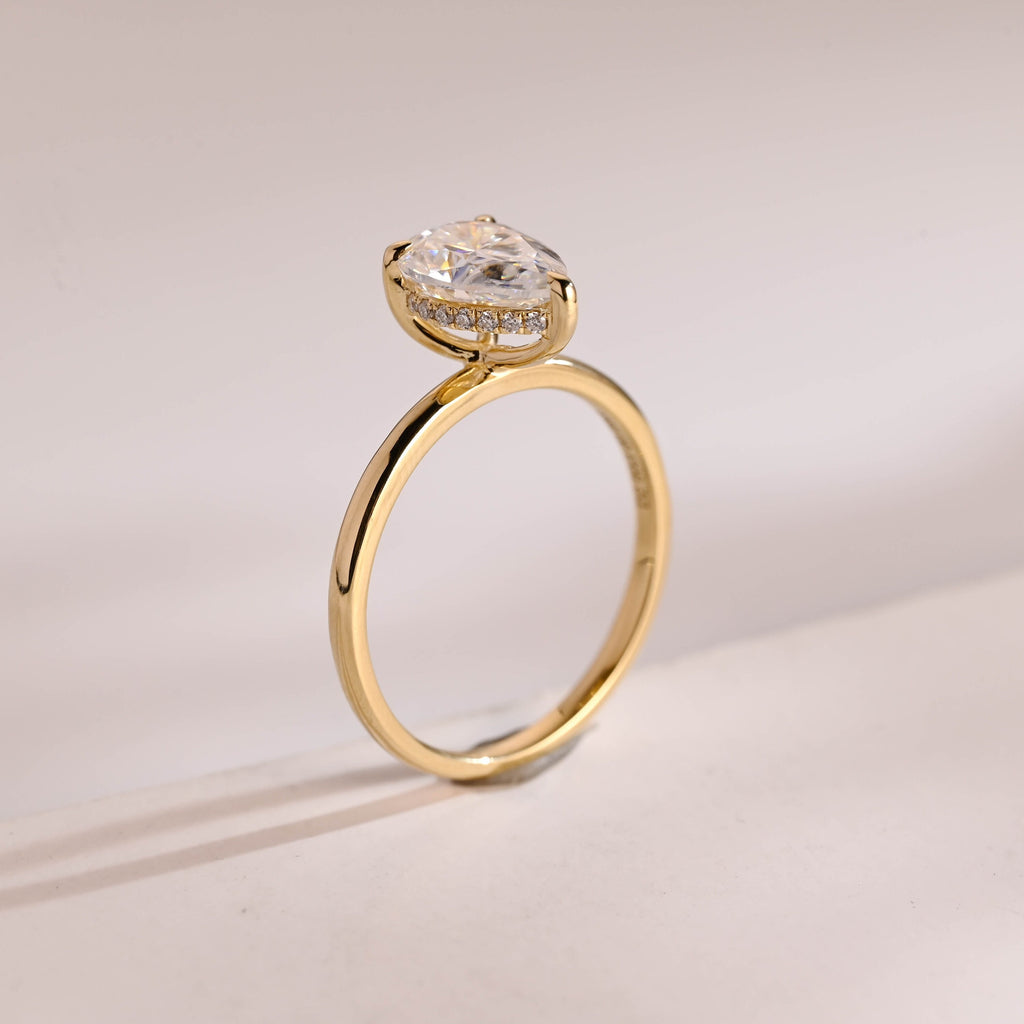 Solid Gold Pear Moissanite Engagement Ring, Hidden Halo Promise Ring