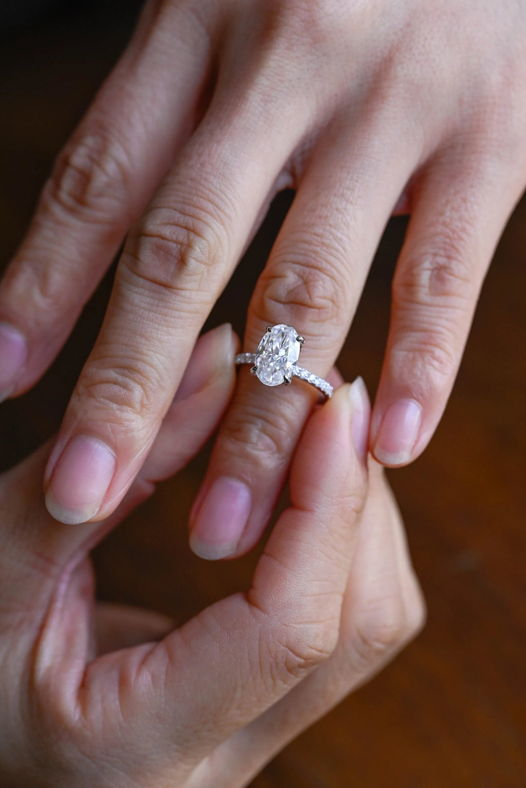 Solid Gold Crushed Ice Elongated Oval Moissanite Engagement Ring