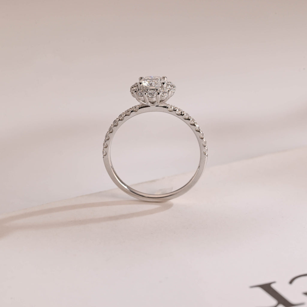 Solid Gold Sunflower Round Moissanite Engagement Ring, Half Eternity Promise Ring