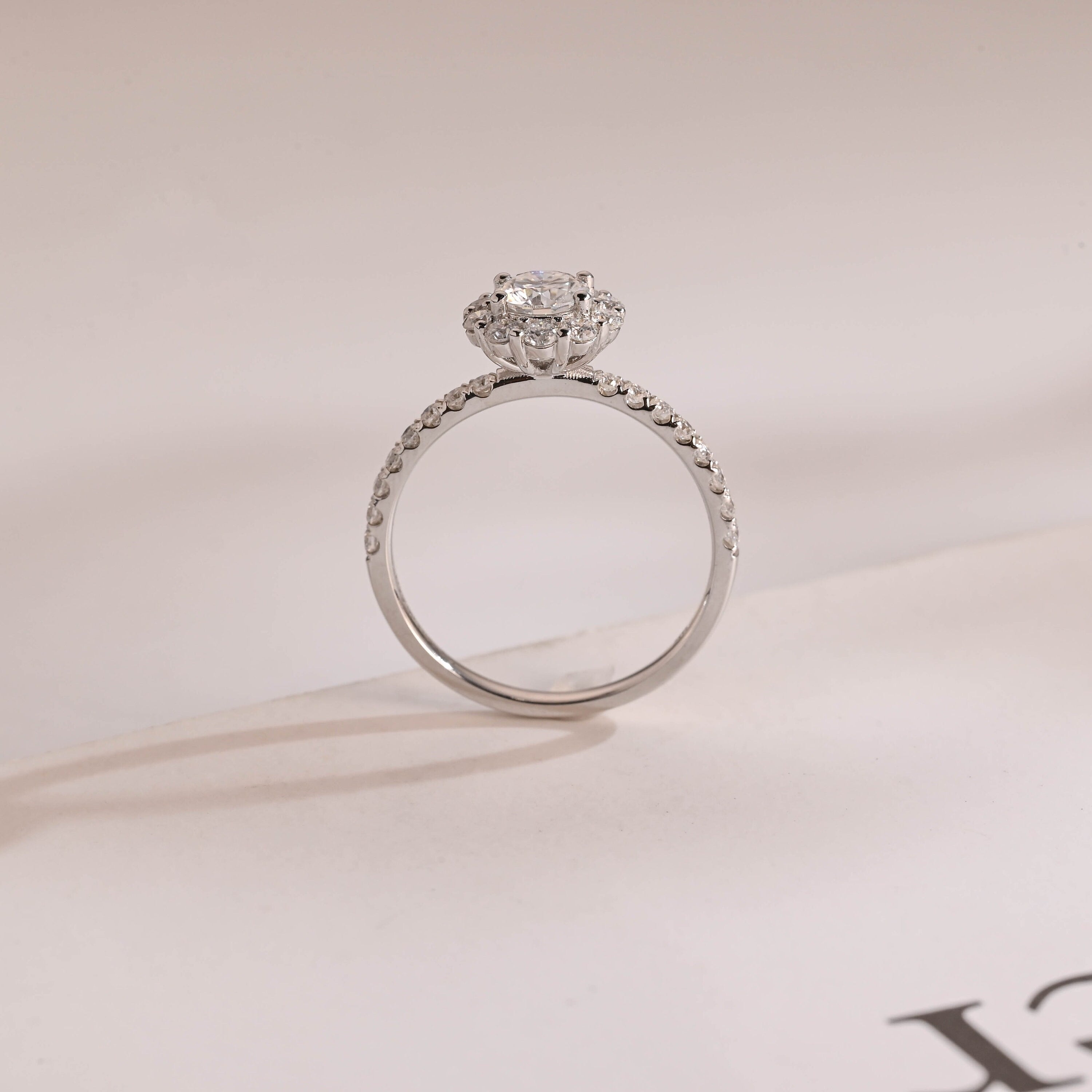 Solid Gold Sunflower Round Moissanite Engagement Ring, Half Eternity Promise Ring