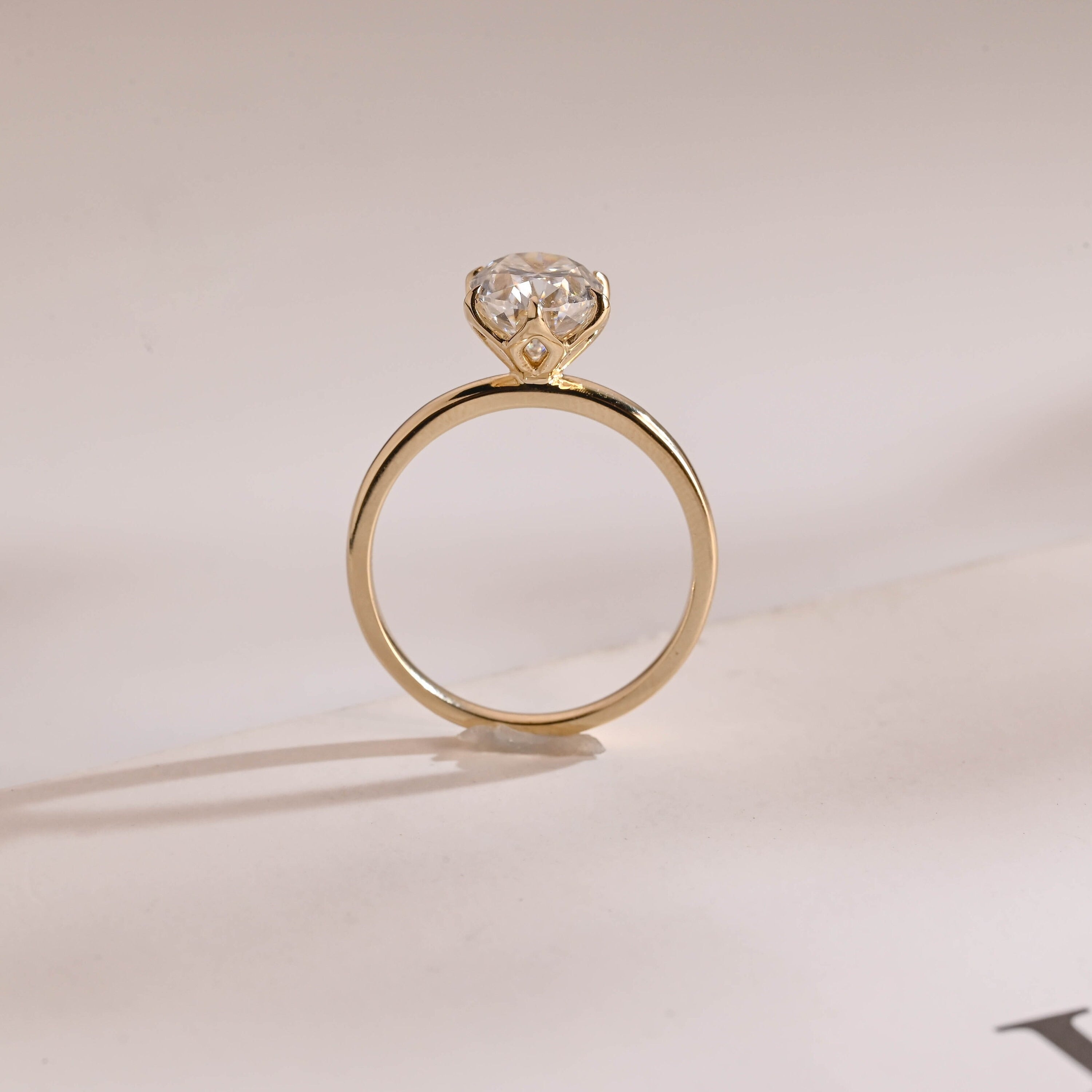 Solid Gold Minimalist Flower Oval Moissanite Engagement Ring, Promise Ring