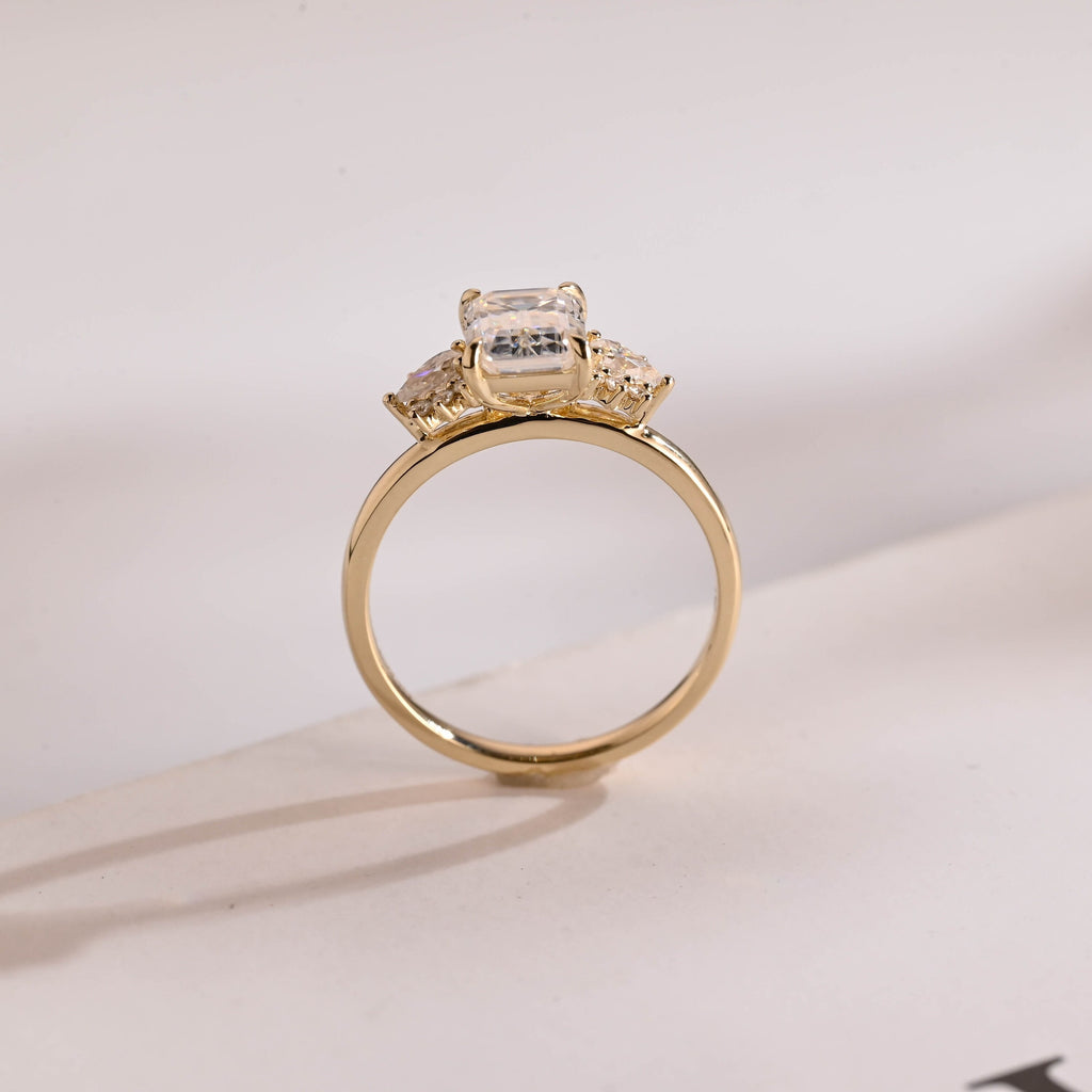Solid Gold Emerald Cut Moissanite Engagement Ring With Trapezoid, Dainty Cluster Promise Ring