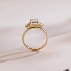 Solid Gold Emerald Cut Moissanite Engagement Ring With Trapezoid, Dainty Cluster Promise Ring