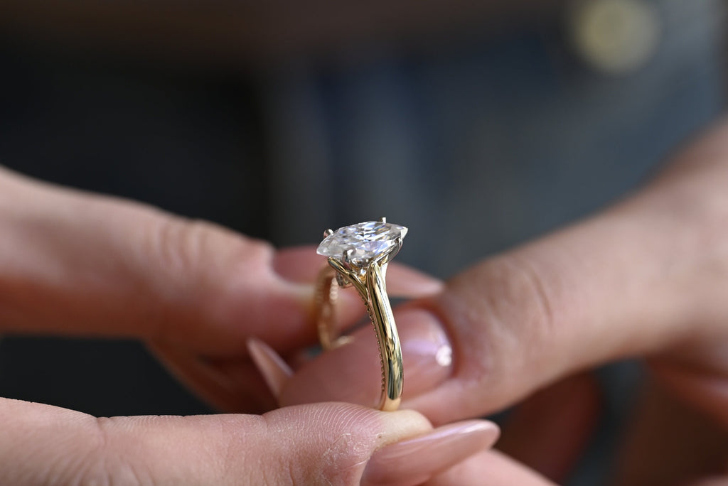 Solid Gold Two Tone Marquise Moissanite Engagement Ring, Unique Proposal Ring