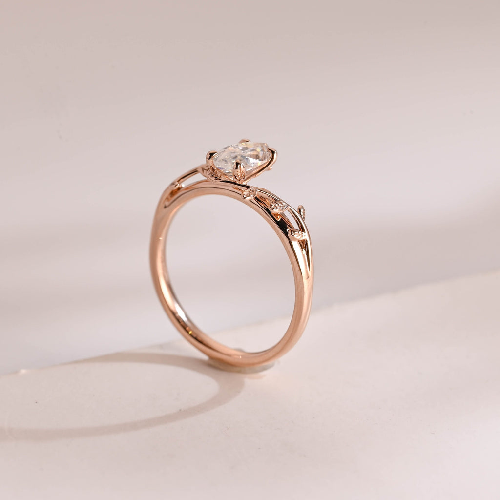 Solid Gold Leaf Ring, Marquise Moissanite Engagement Ring, Proposal Ring