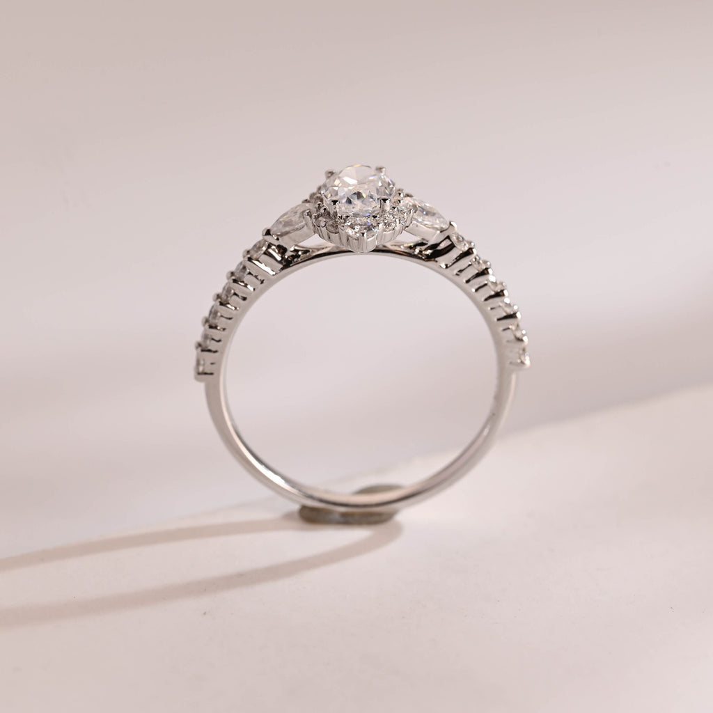 Solid Gold Halo Crushed Ice Oval Moissanite Engagement Ring, Half Eternity Proposal Ring