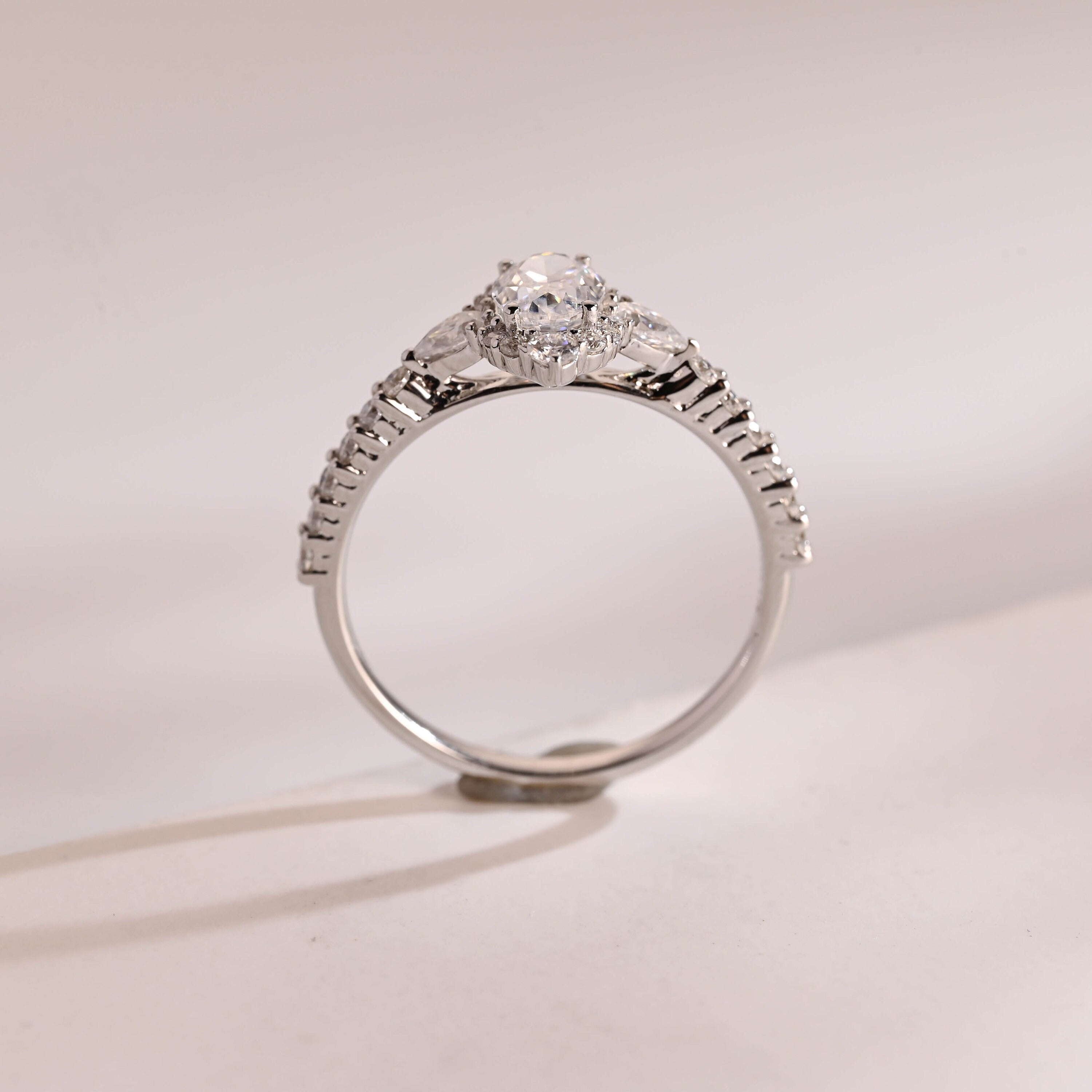 Solid Gold Halo Crushed Ice Oval Moissanite Engagement Ring, Half Eternity Proposal Ring