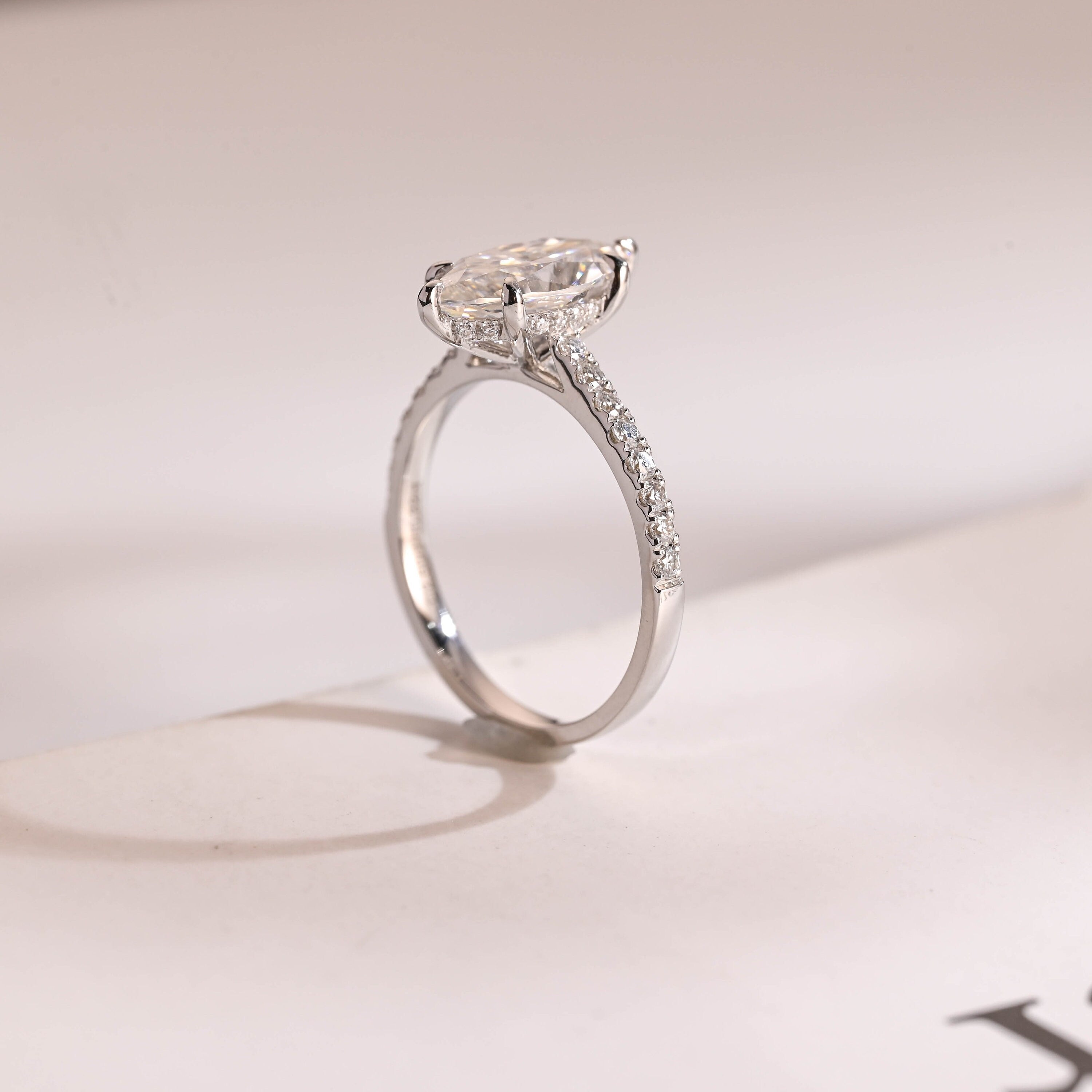 Solid Gold Marquise Cut Moissanite Engagement Ring with Hidden Halo