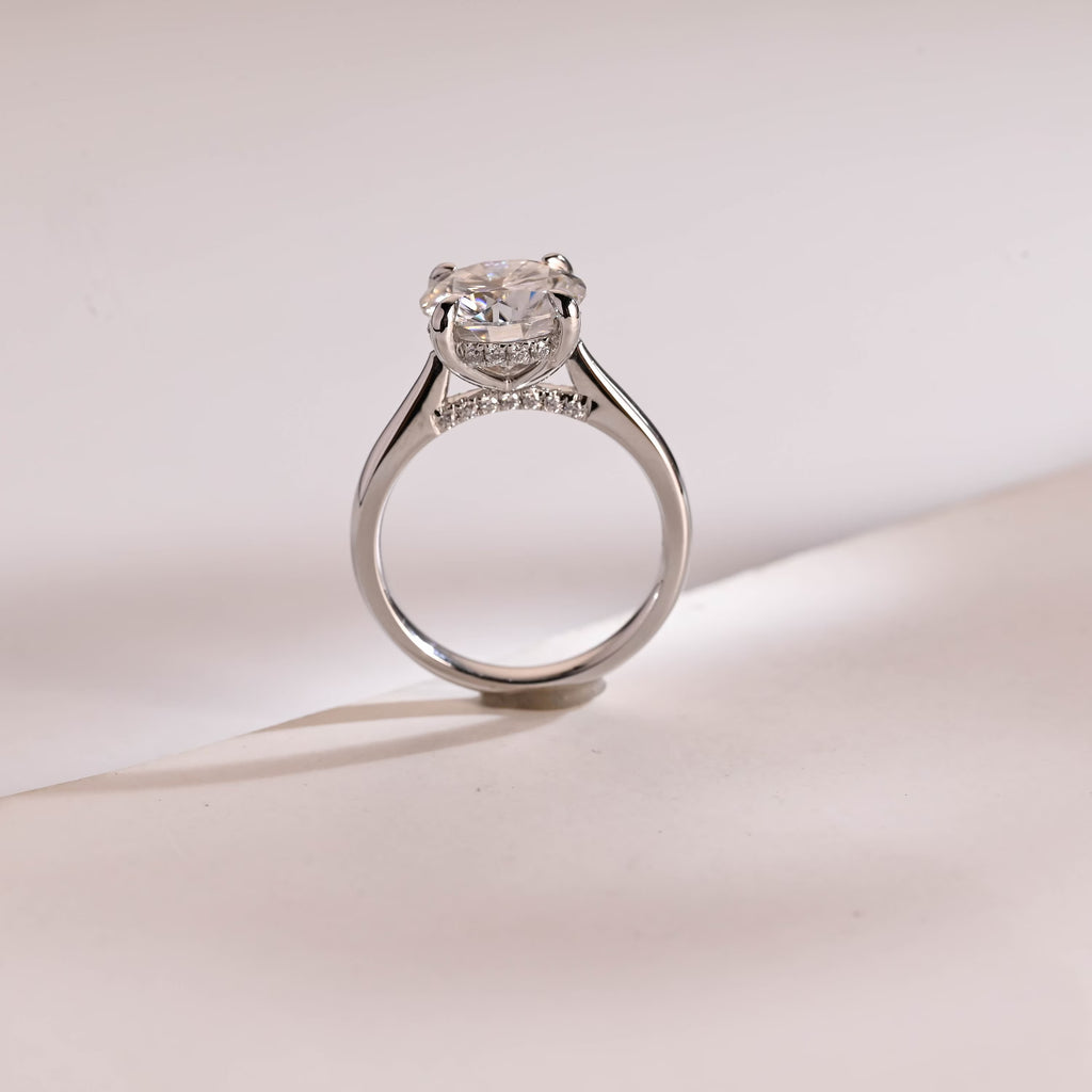 Solid Gold Round Cut Moissanite Engagement Ring with Hidden Halo