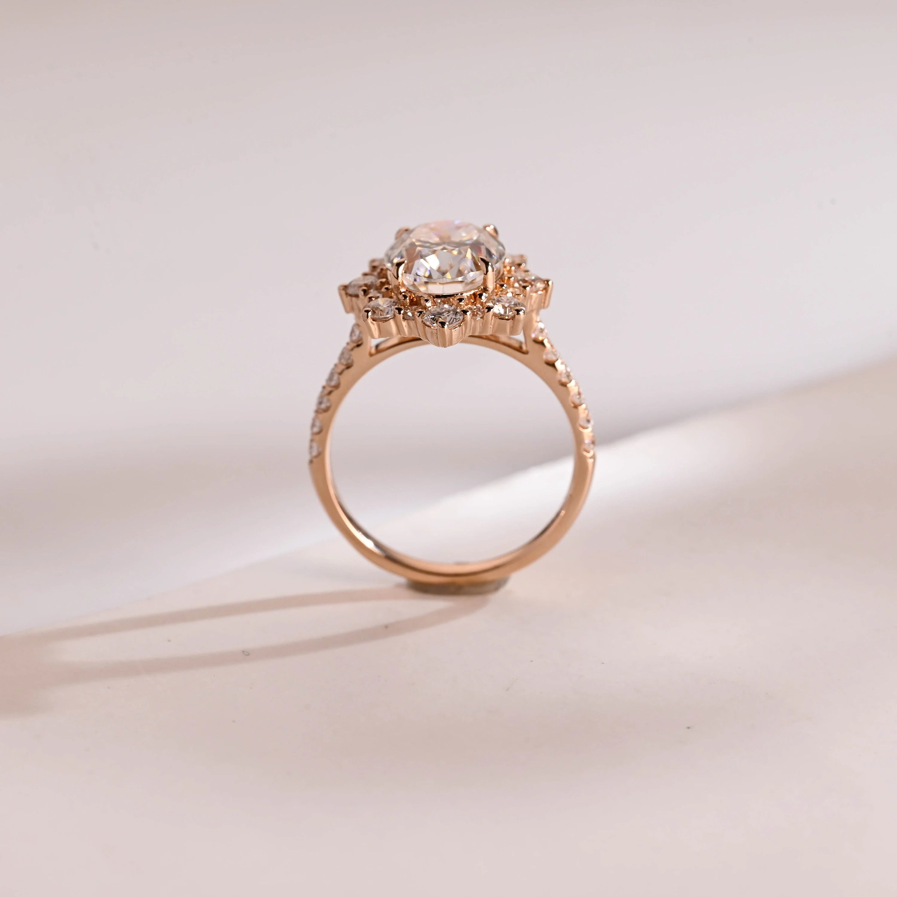 Solid Gold Floral Halo Oval Moissanite Half Eternity Engagement Ring