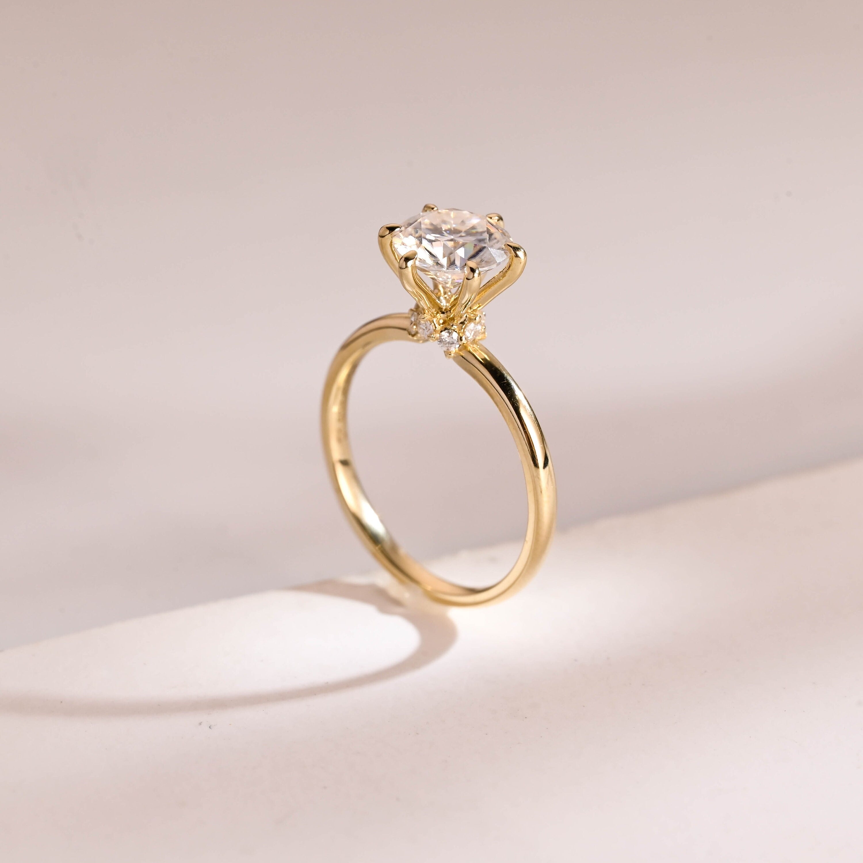 Solid Gold Hidden Halo Round Cut Moissanite Engagement Ring, Solitaire Promise Ring for Her