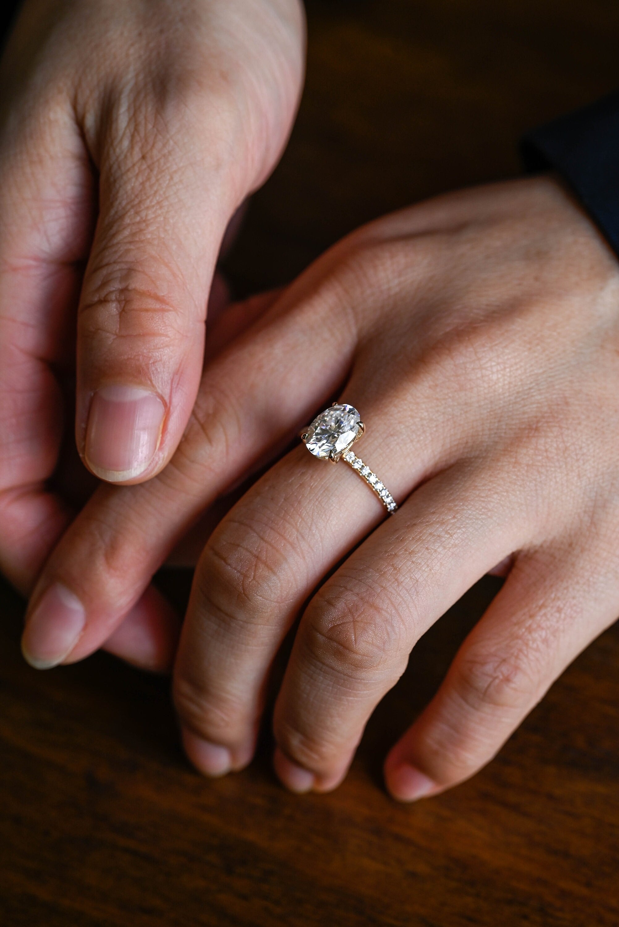 Solid Gold Oval Moissanite Engagement Ring, Half Pave Promise Ring