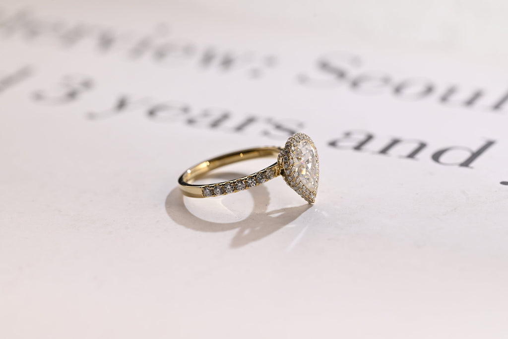 Solid Gold Pear Moissanite Engagement Ring, Half Eternity & Halo Promise/Proposal Ring