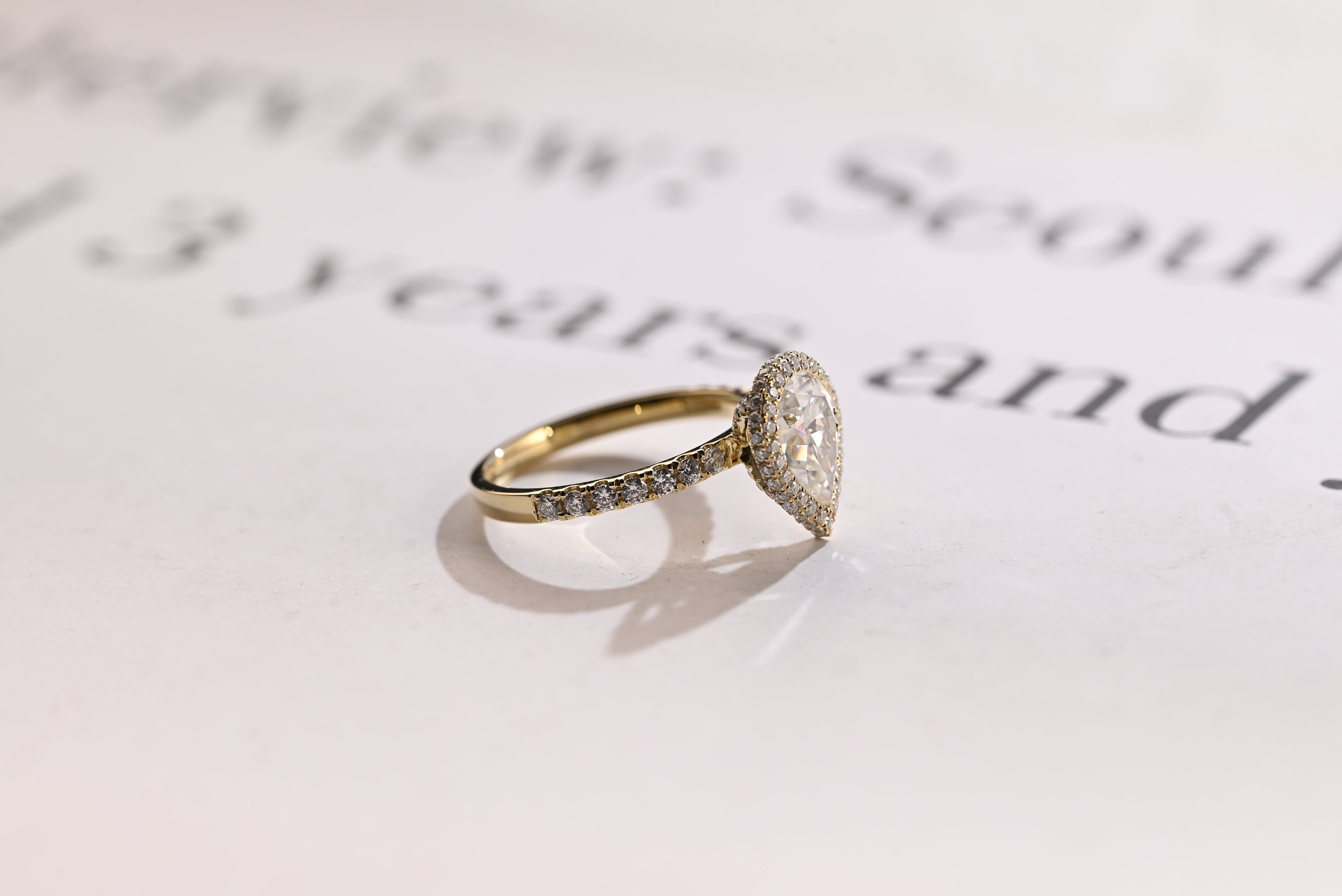 Solid Gold Pear Moissanite Engagement Ring, Half Eternity & Halo Promise/Proposal Ring