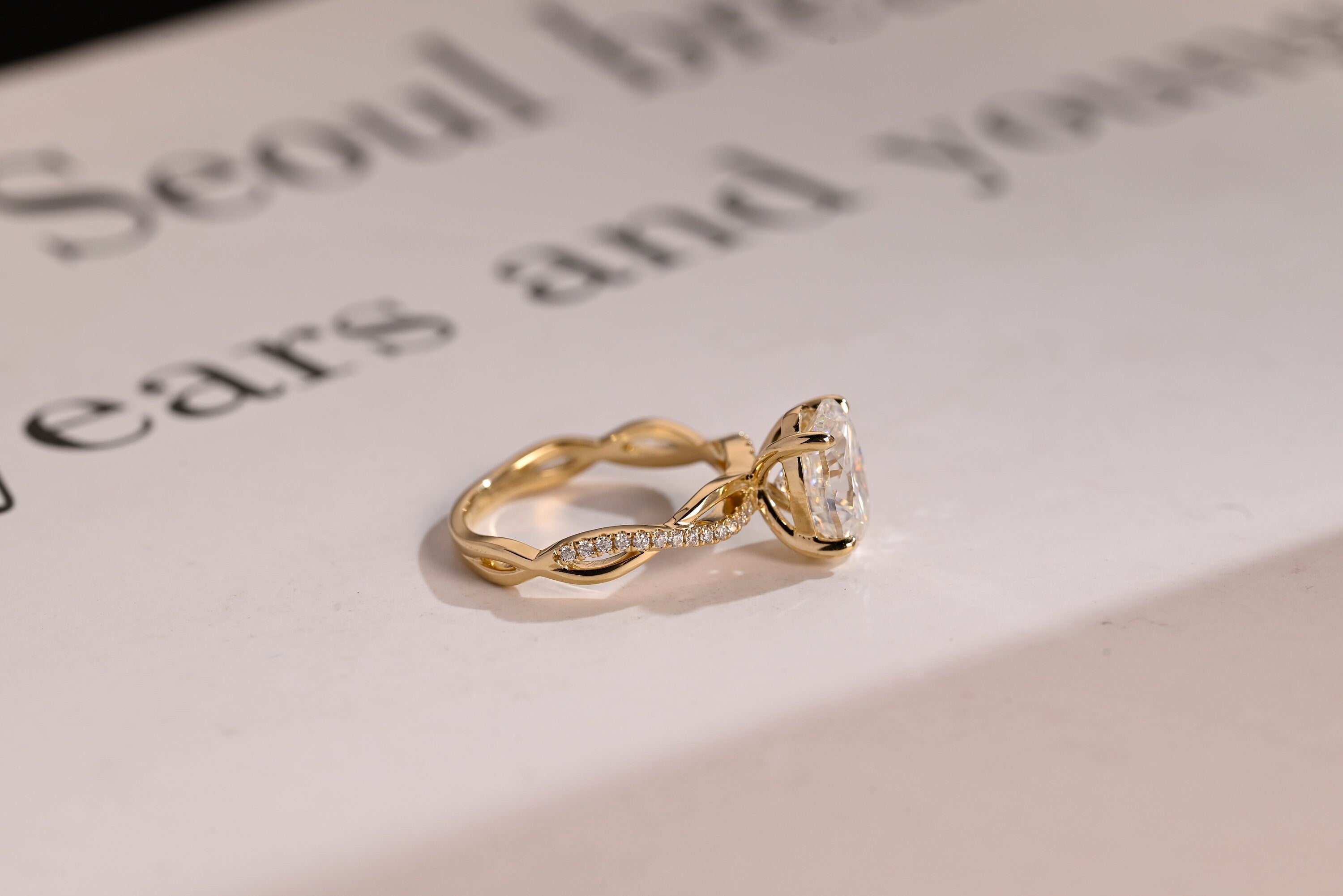 Solid Gold Oval Moissanite Engagement Ring, Twisted Band Half Eternity Bridal Ring