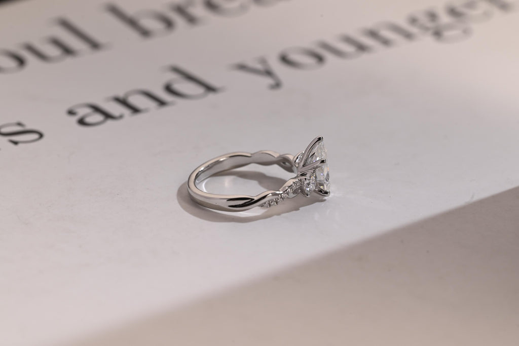 Solid Gold Pear Moissanite Engagement Ring, Twisted Band Half Eternity Bridal Ring