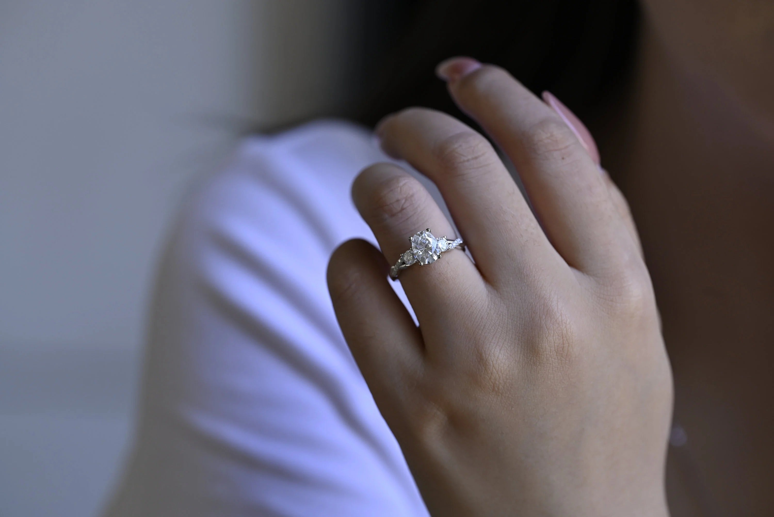 Solid Gold Oval Moissanite Engagement Ring, Twisted Band Half Eternity Bridal Ring