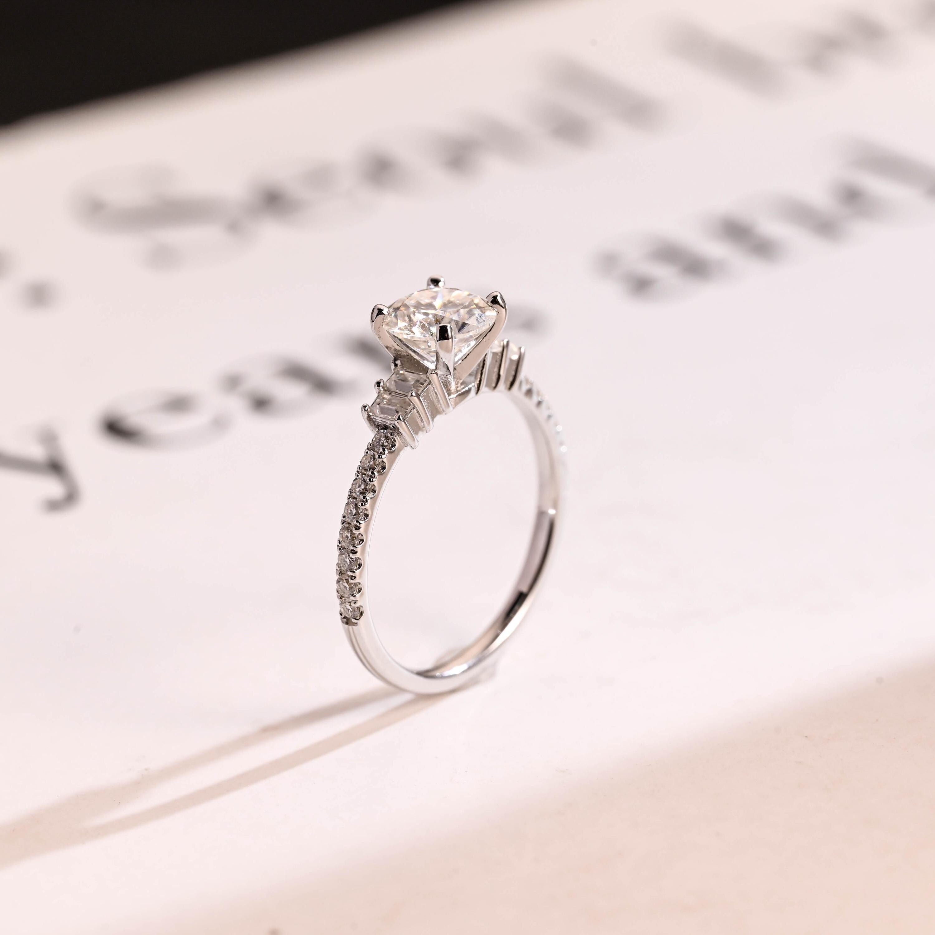 Solid Gold Round Moissanite Engagement Ring, Half Eternity Promise Ring