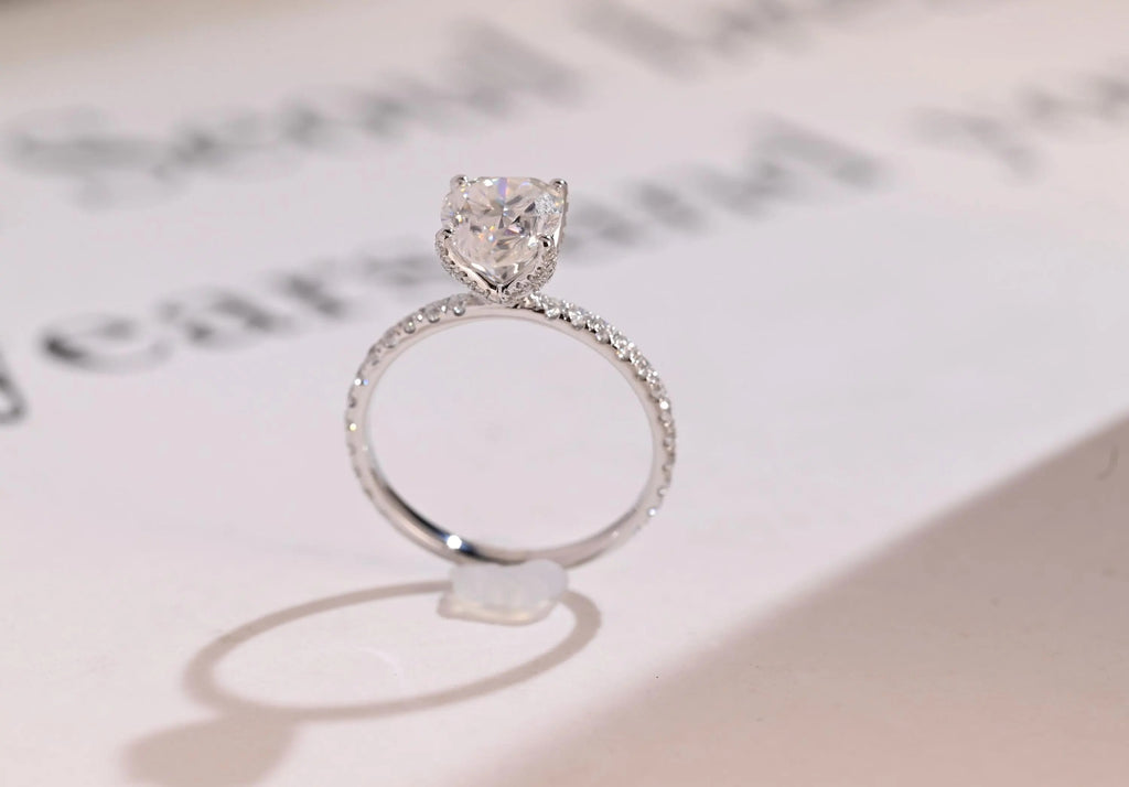 Solid Gold Tulip Flower Pave Pear Moissanite Engagement Ring, Promise Ring