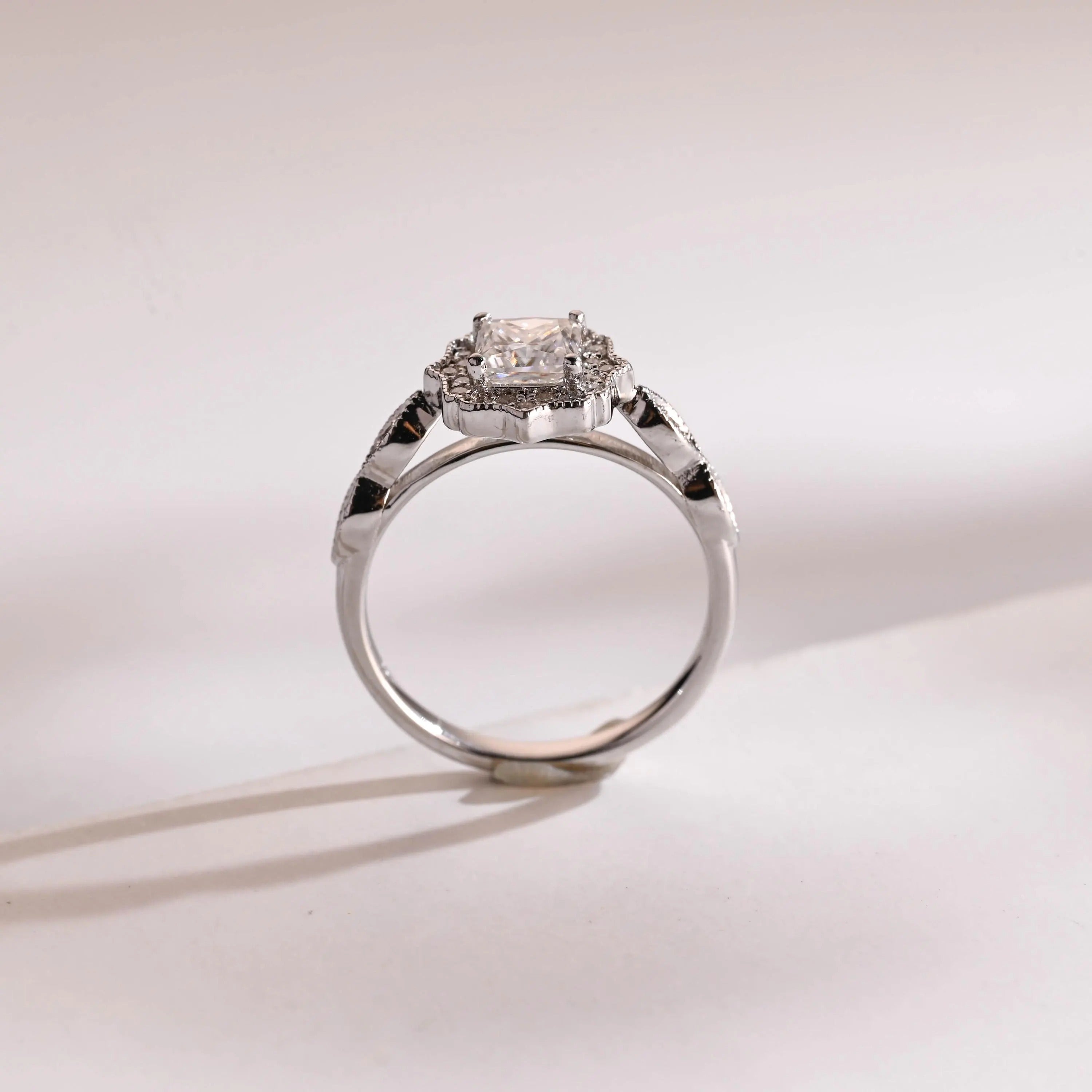 Solid Gold Princess Cut Moissanite Engagement Ring, Beaded Halo Proposal Ring