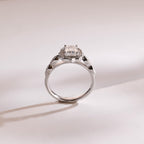 Solid Gold Emerald Cut Moissanite Engagement Ring, Beaded Halo Half Pave Ring