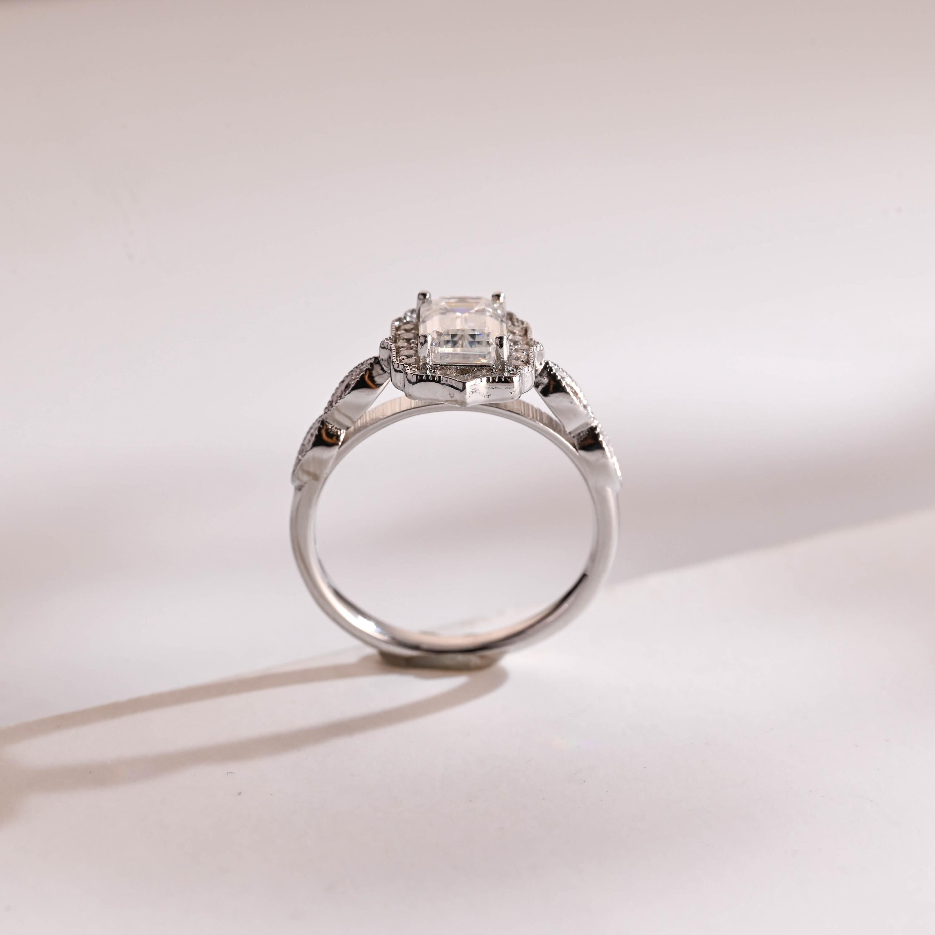 Solid Gold Emerald Cut Moissanite Engagement Ring, Beaded Halo Half Pave Ring