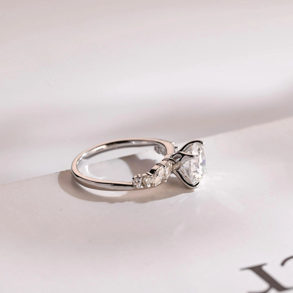 Solid Gold Round Cut Moissanite Engagement Ring, Anniversary for Her
