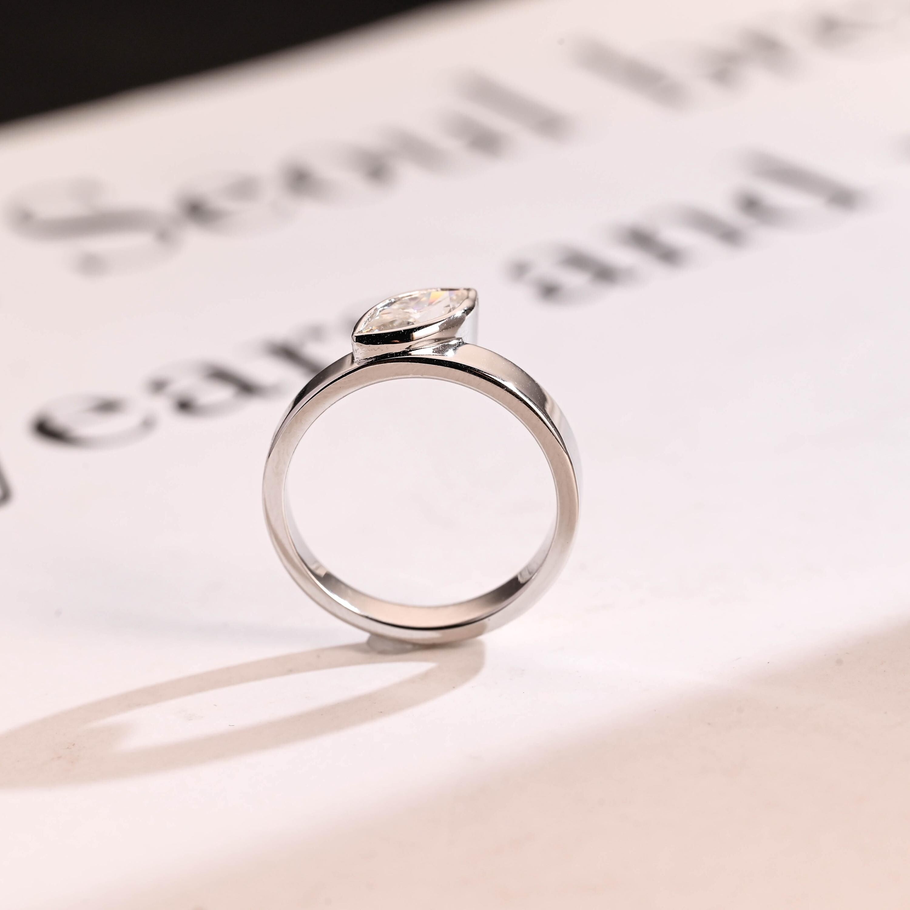 Solid Gold 4mm Wide Band Bezel Marquise Moissanite Engagement Ring