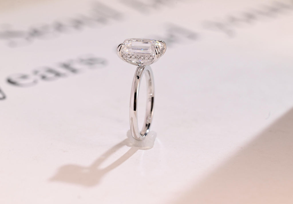 Solid Gold Double Prongs Emerald Cut Moissanite Engagement Ring, Promise Ring
