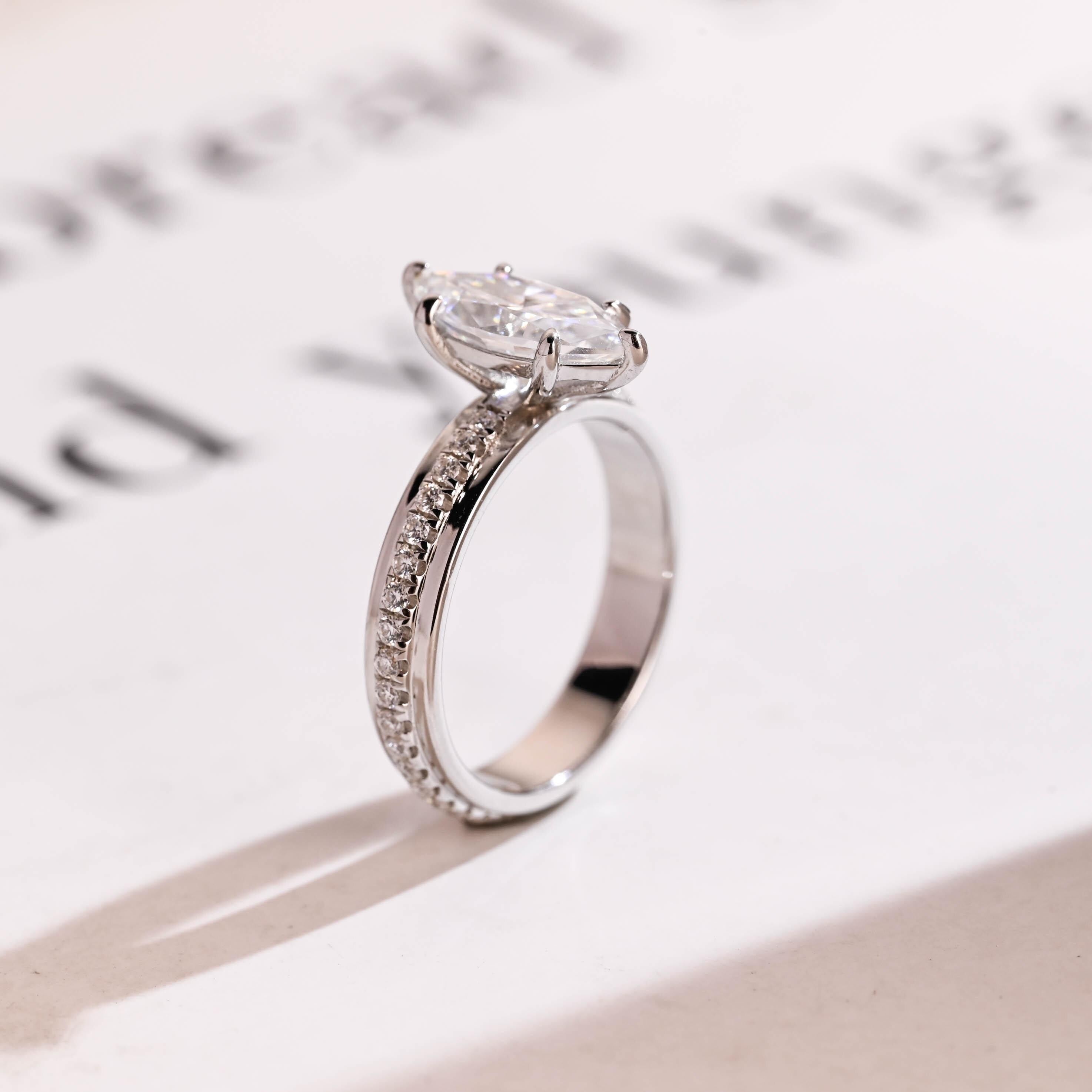 Solid Gold 4mm Wide Band, Marquise Moissanite Engagement Ring