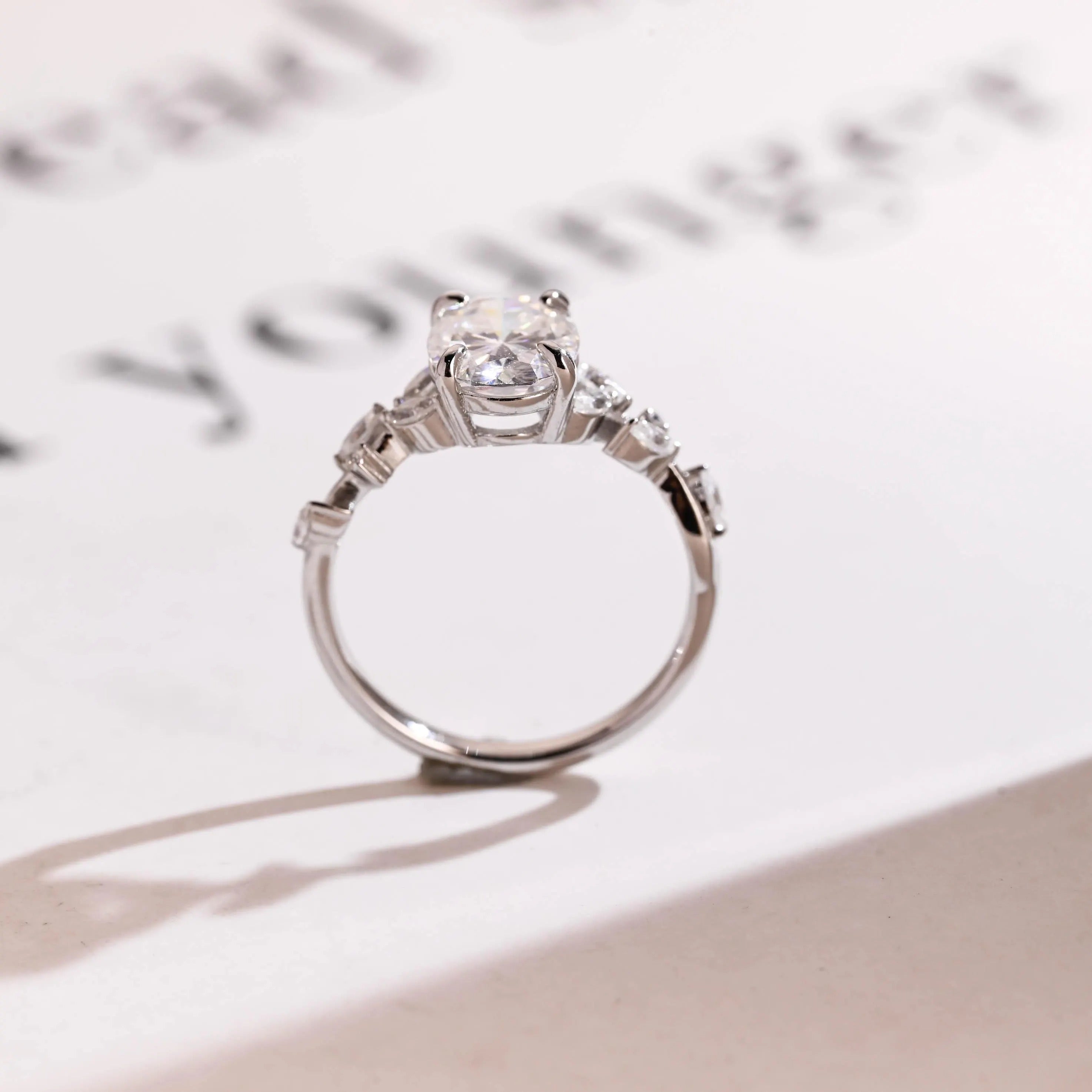 Solid Gold Oval Cut Moissanite Engagement Ring, Dainty Leaf Ring