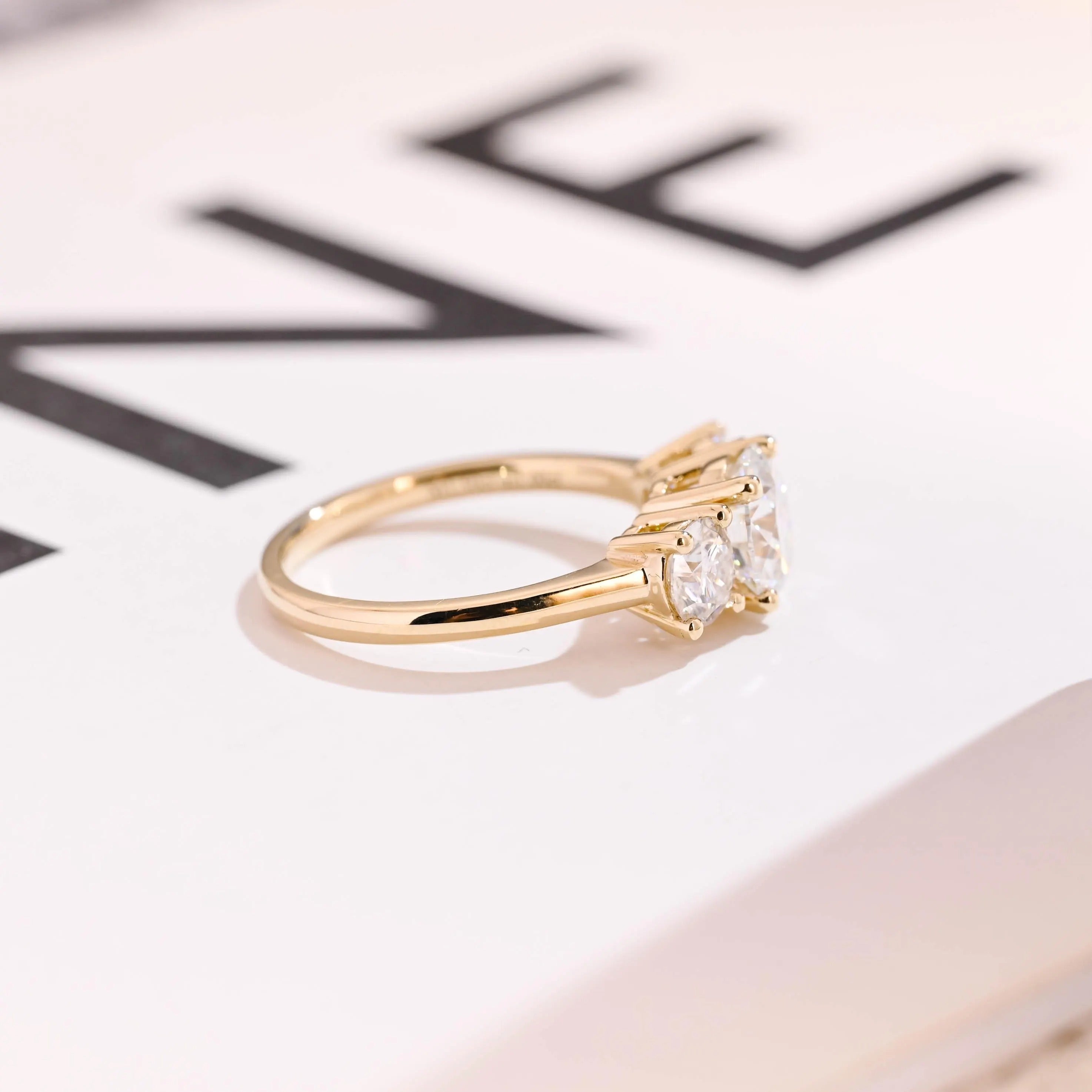 Solid Gold Three Stone Round Cut Moissanite Engagement Ring