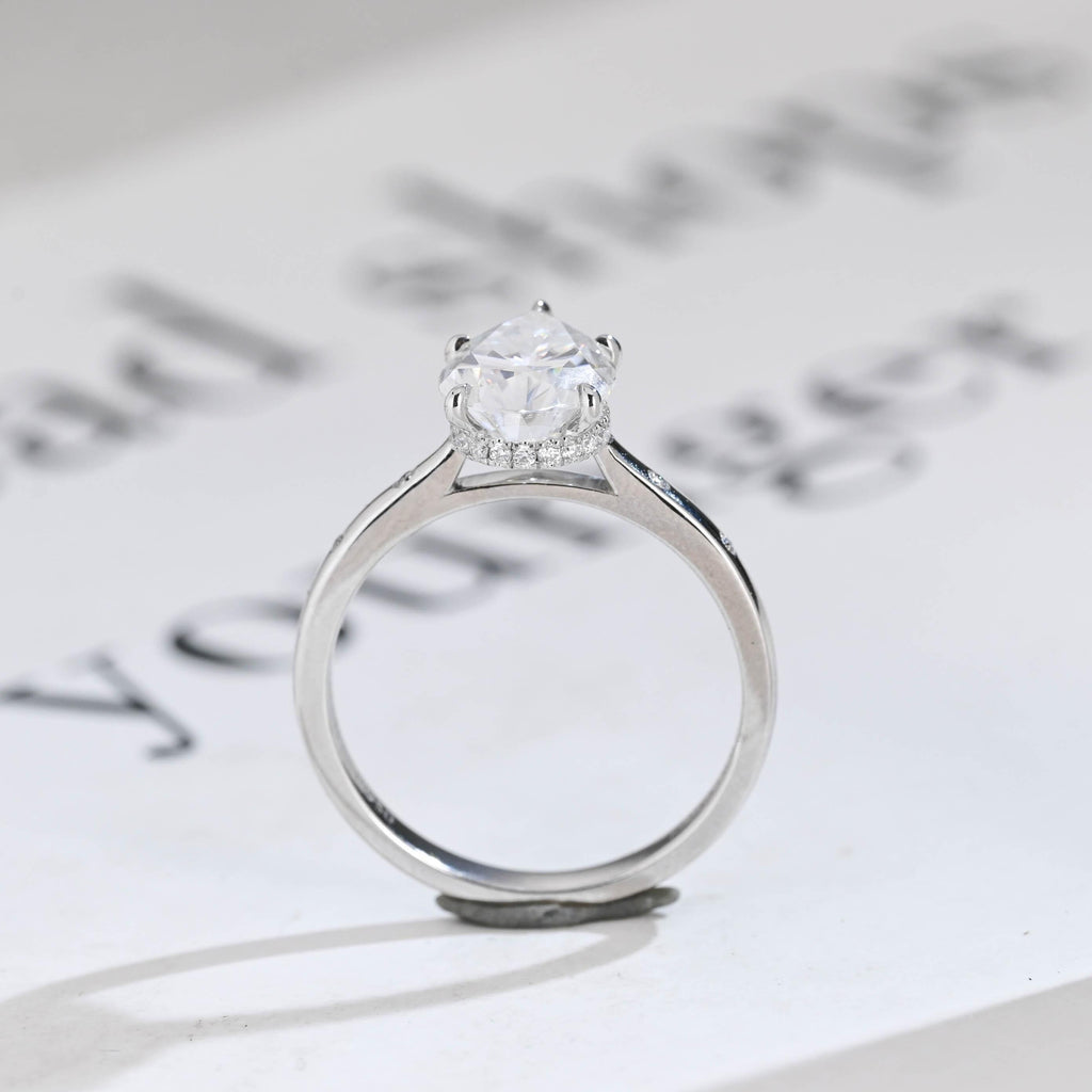 Solid Gold Pear Moissanite Engagement Ring with Hidden Halo