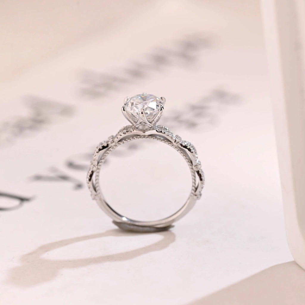 Solid Gold Oval Moissanite Tulip Flower Half Pave Engagement Ring