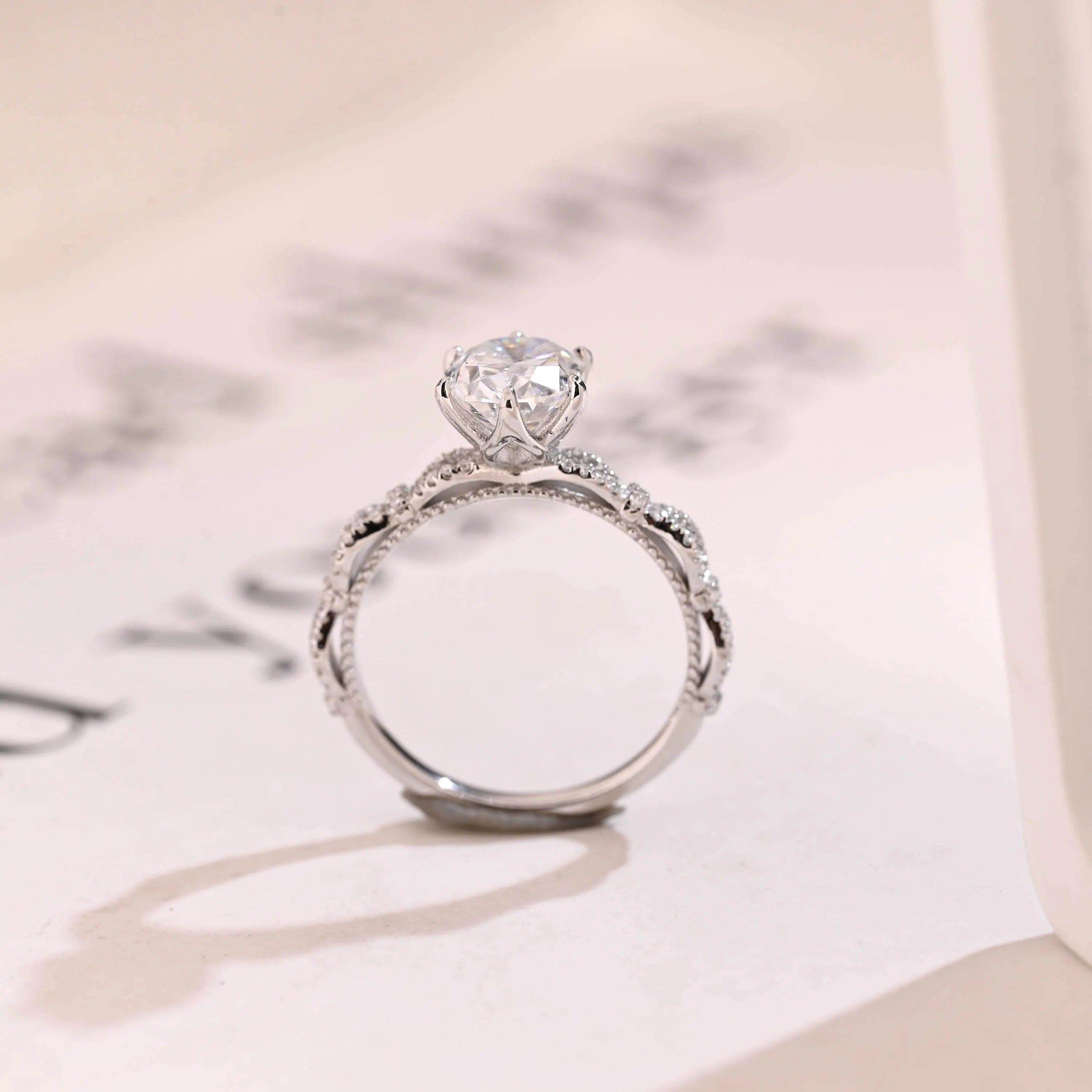 Solid Gold Oval Moissanite Tulip Flower Half Pave Engagement Ring