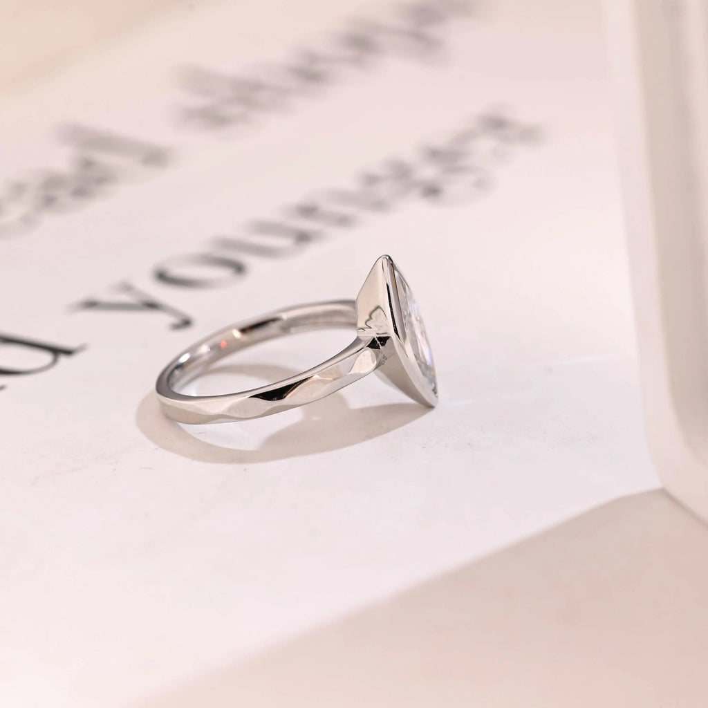 Solid Gold Marquise Moissanite Engagement Ring, Minimalist Bezel Ring
