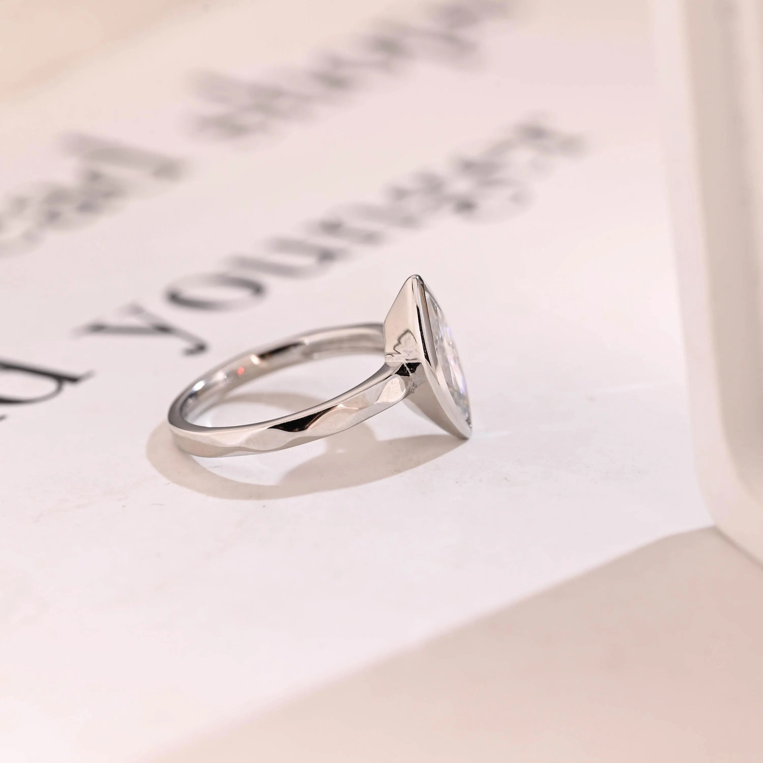 Solid Gold Marquise Moissanite Engagement Ring, Minimalist Bezel Ring