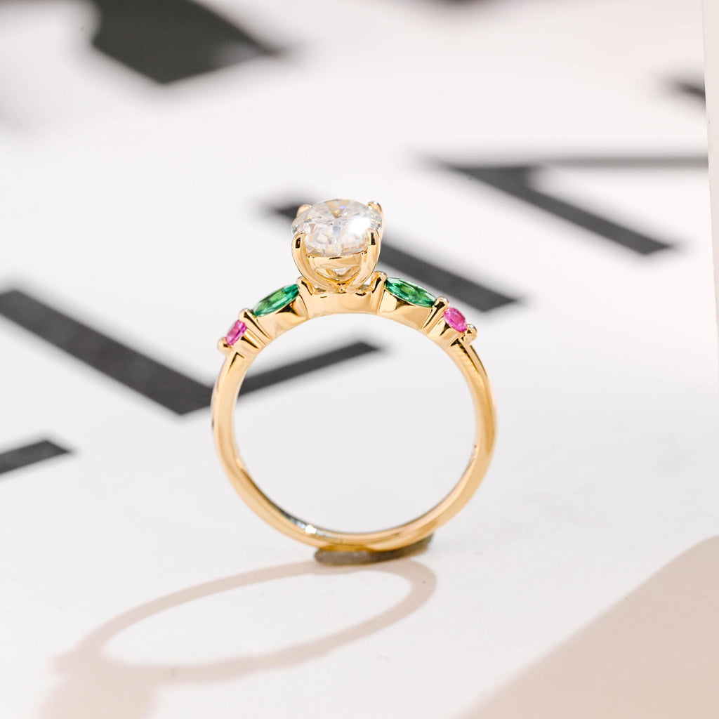 Solid Gold Oval Moissanite Engagement Ring with Ruby & Emerald
