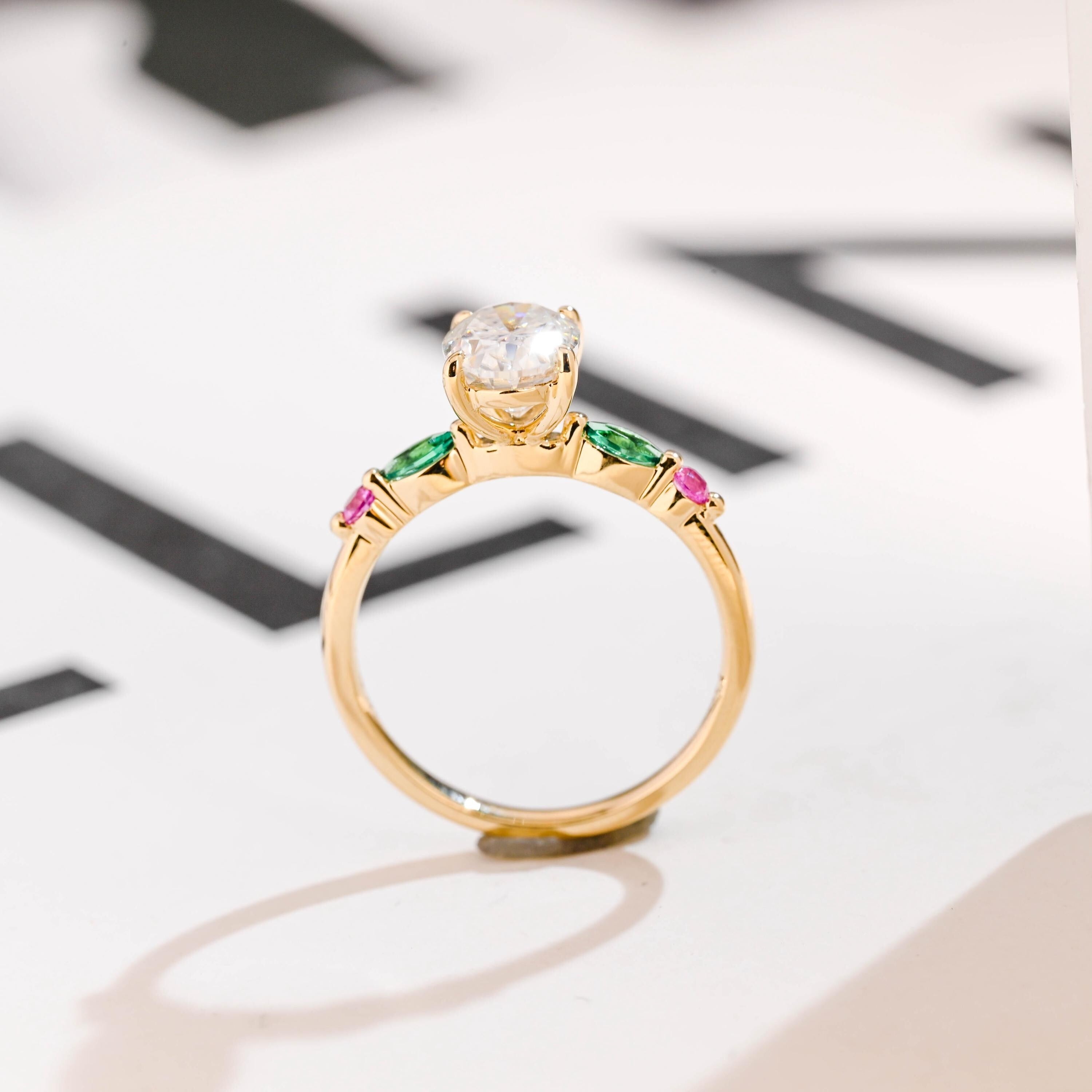 Solid Gold Oval Moissanite Engagement Ring with Ruby & Emerald
