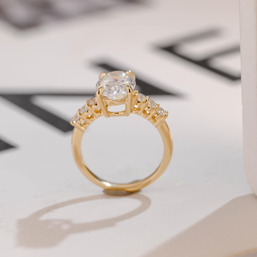 Solid Gold Oval Moissanite Engagement Ring, Half Eternity Promise Ring