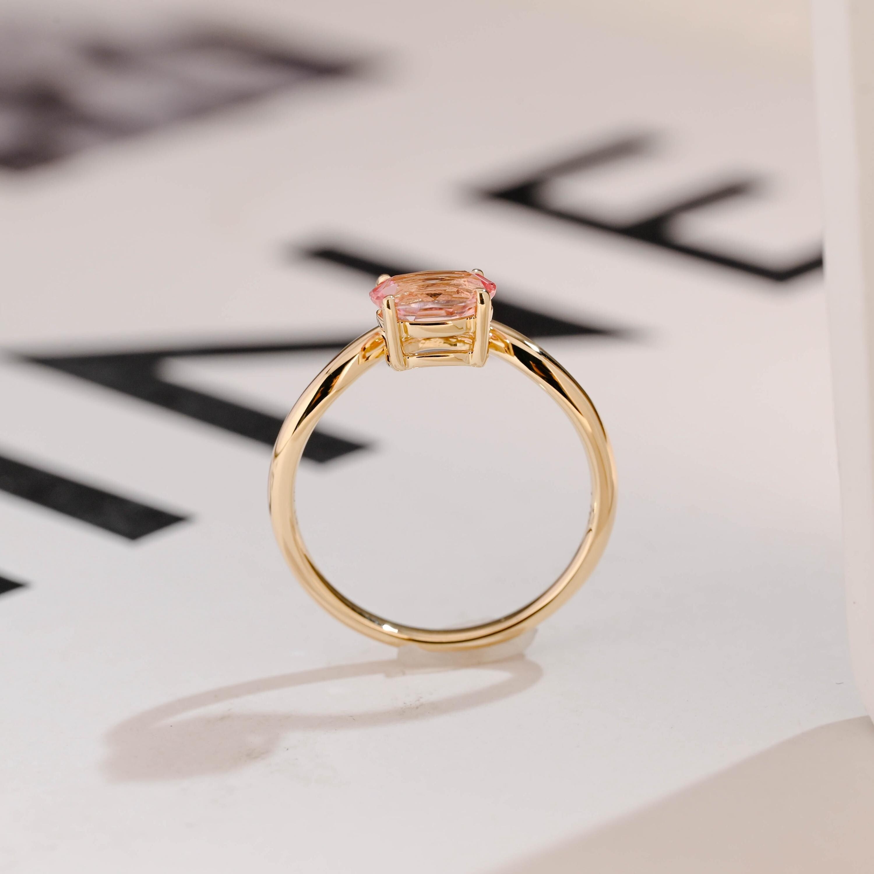Solid Gold Oval Cut Moissanite Pink Sapphire Engagement Ring, Promise Ring