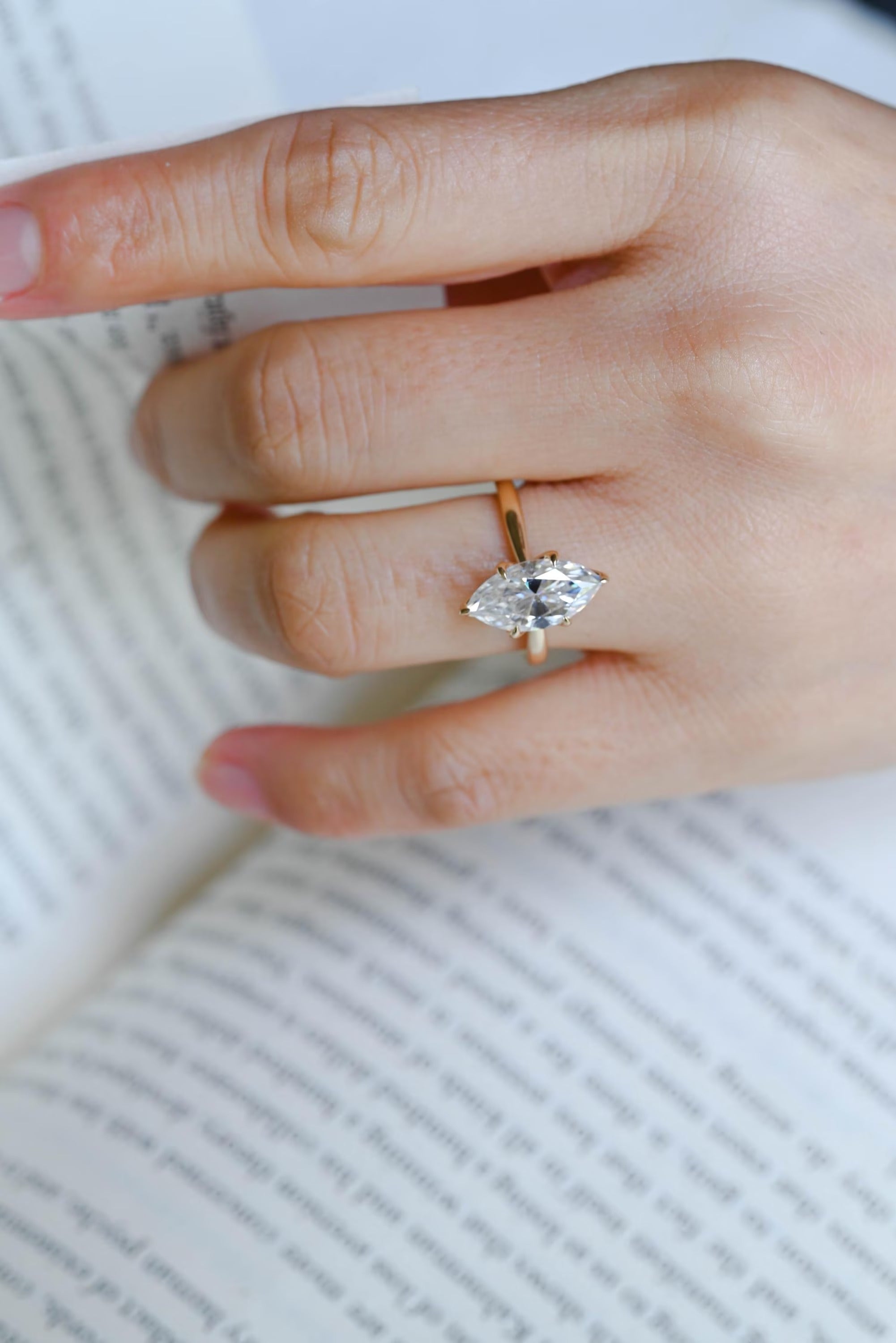 Solid Gold Tulip Floral Ring, Marquise Moissanite Engagement Ring, Cathedral Ring