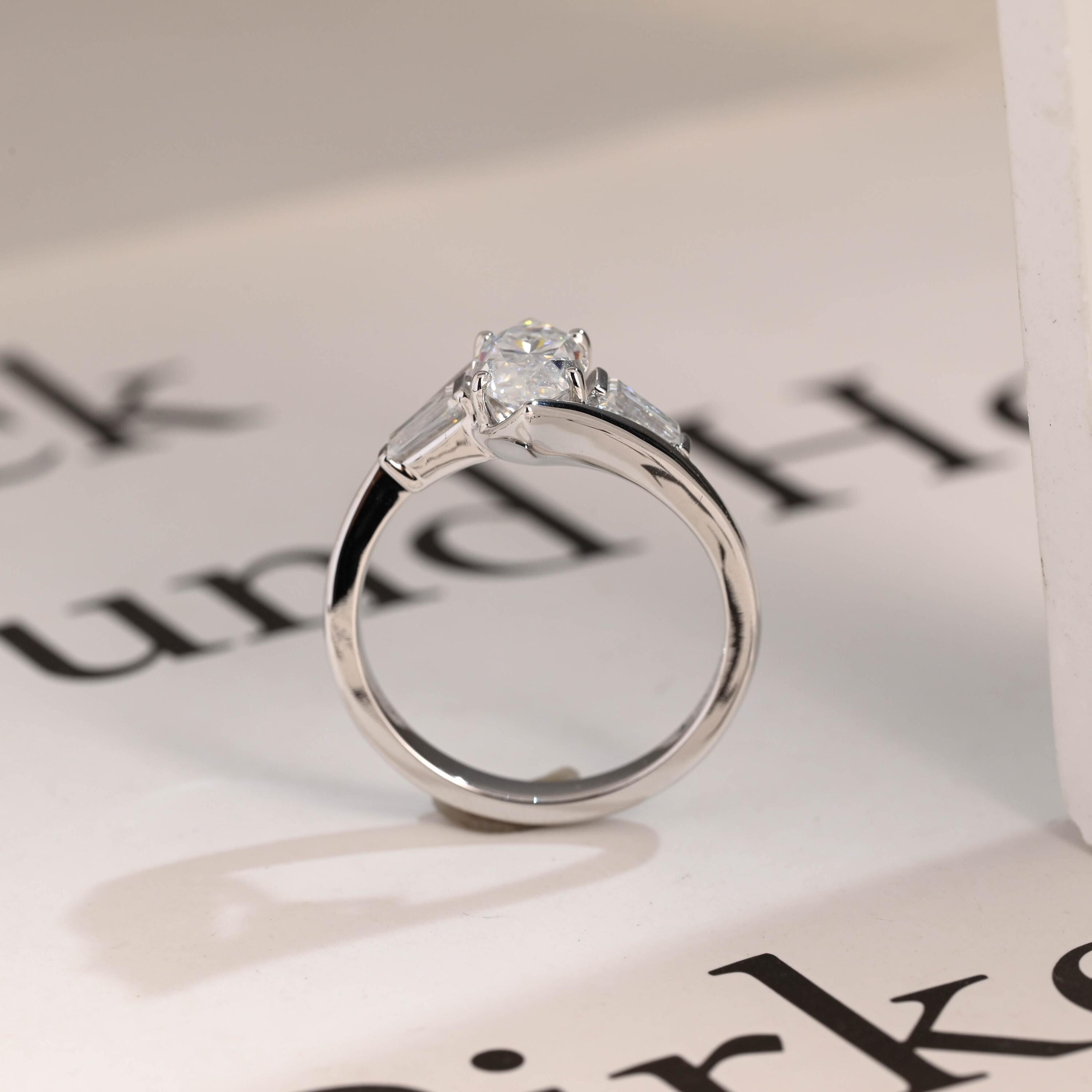 Solid Gold Marquise Moissanite Engagement Ring, Bezel Three Stone Ring
