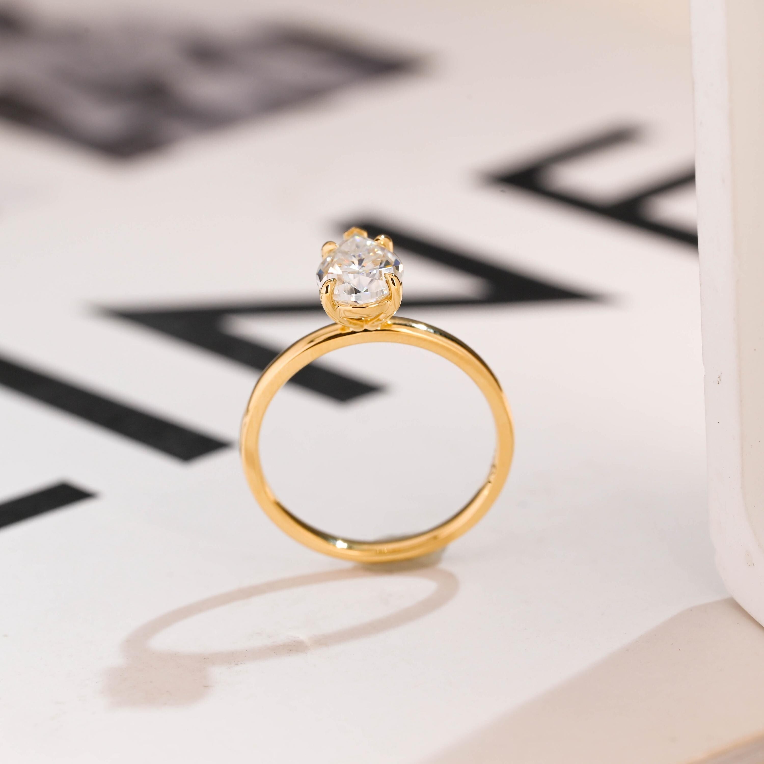 Solid Gold Minimalist Pear Moissanite Engagement Ring, Dainty Promise Ring